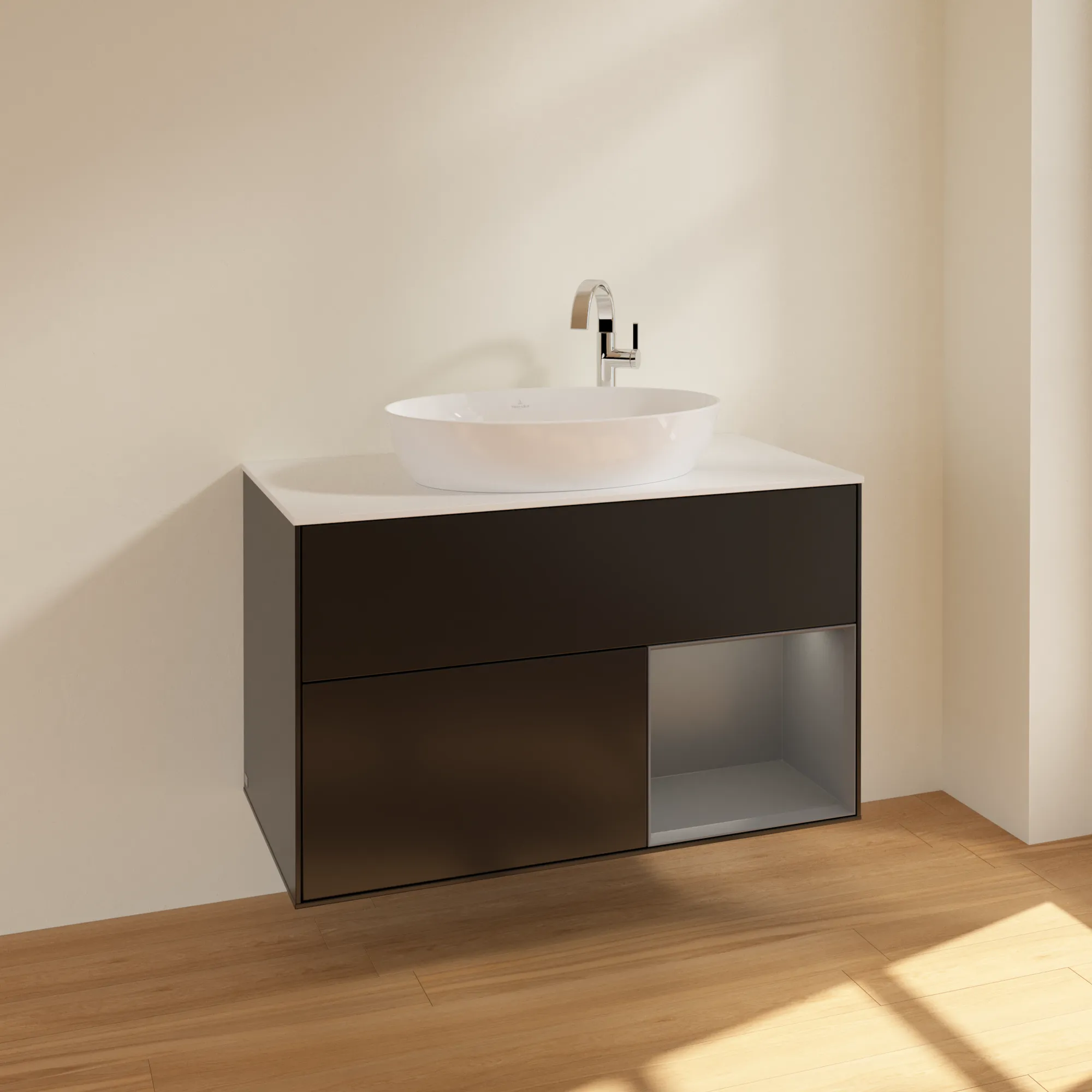 Villeroy & Boch Waschbeckenunterschrank Finion F90, 1000 x 603 x 501 mm, Black Matt Lacquer, mit Beleuchtung und SoftClosing Villeroy & Boch Waschbeckenunterschrank Finion F90, 1000 x 603 x 501 mm, Black Matt Lacquer, mit Beleuchtung und SoftClosing