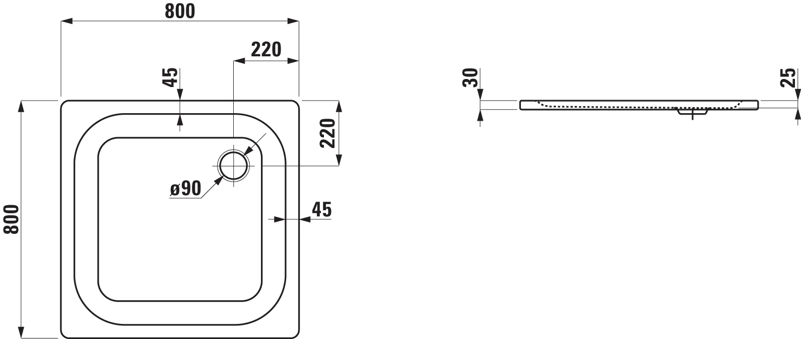 Laufen Duschwanne „PLATINA“ 800 × 800 mm mit Antislip, in Weiß
