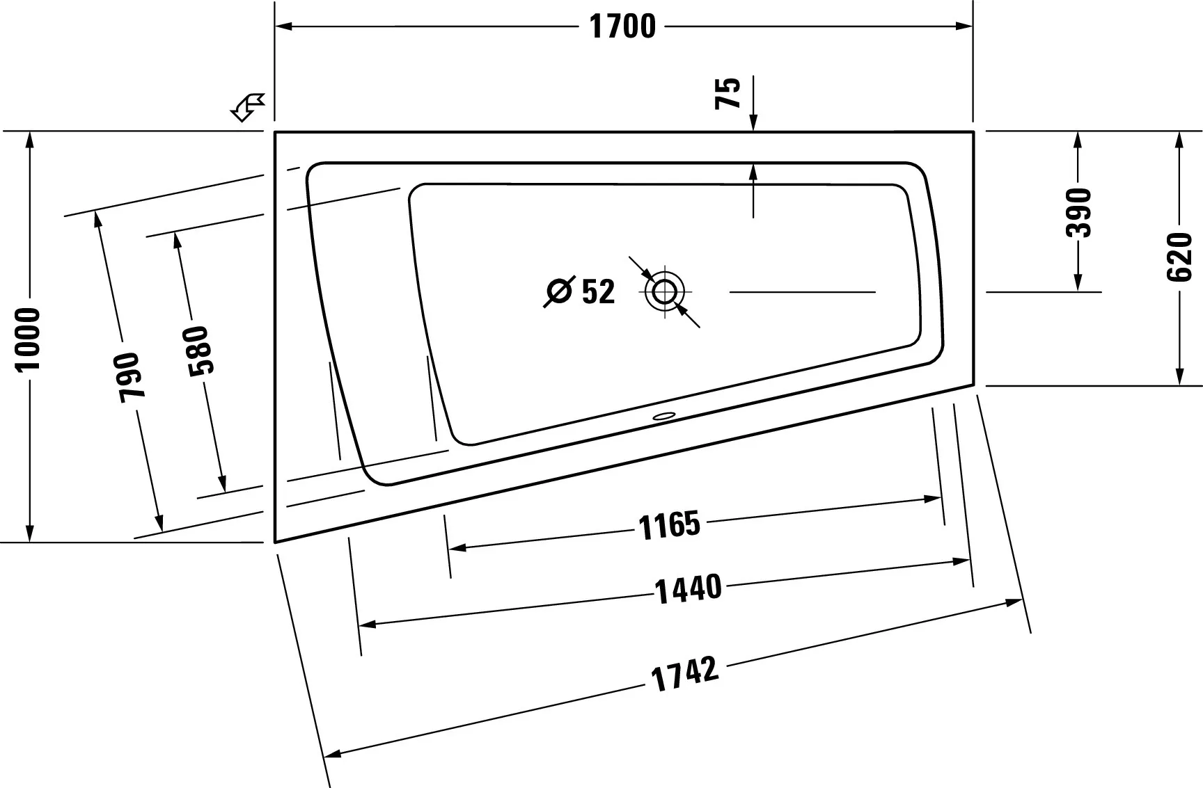 Duravit Badewanne „Paiova“ sonderform 170 × 100 cm, links