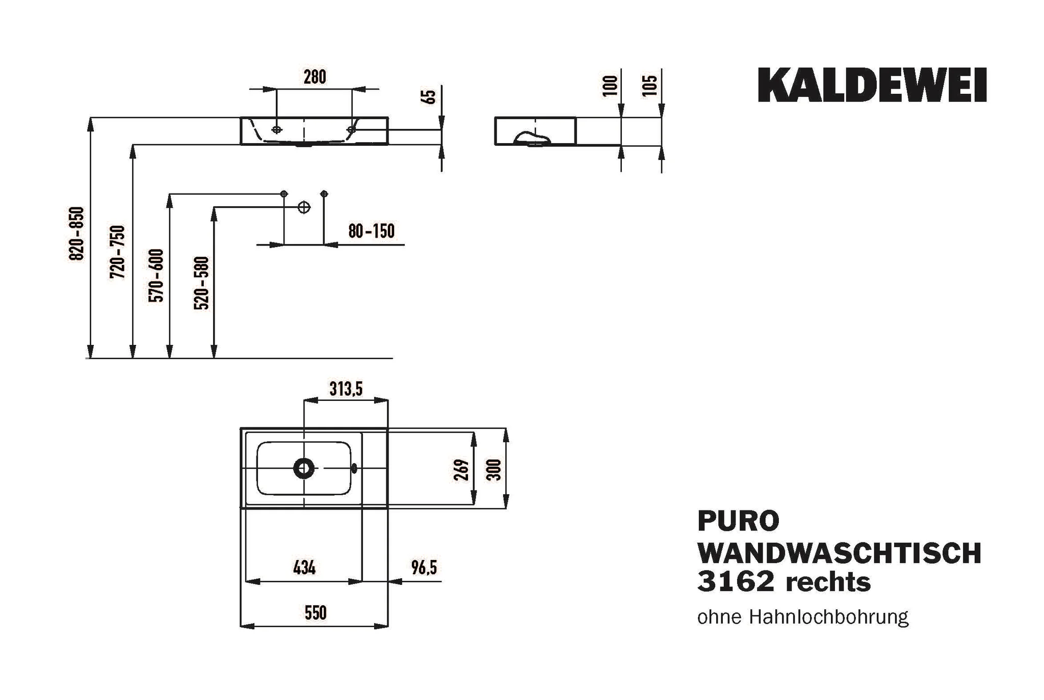 Kaldewei PURO Wand-Handwaschtisch, warm beige, 550x300 mm, 100 mm Randhöhe, ohne Überlauf