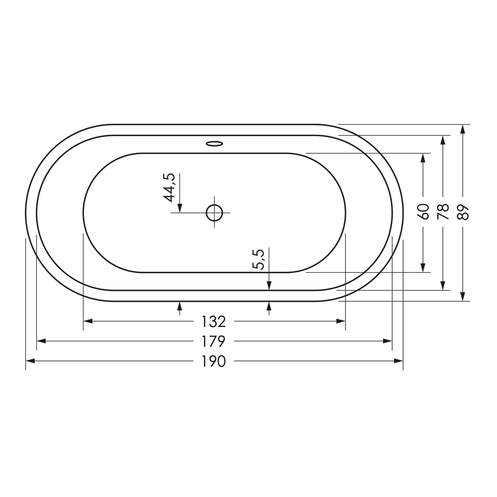 repaBAD Badewanne „Livorno Oval F“ freistehend oval 190 × 90 cm, Mittelablauf in Weiß