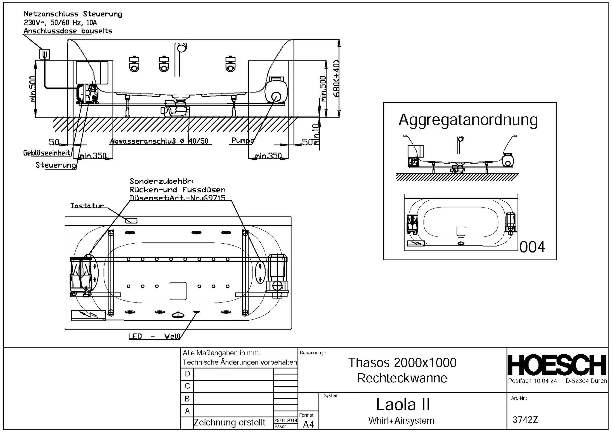 Hoesch Whirlwanne „Thasos“ mit Whirlsystem „Laola II“ rechteck 200 × 100 cm