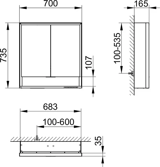 Royal Lumos 14307171301 Spiegelschrank Royal Lumos Wandvorbau 700 x 735 x 165 mm silber-eloxiert
