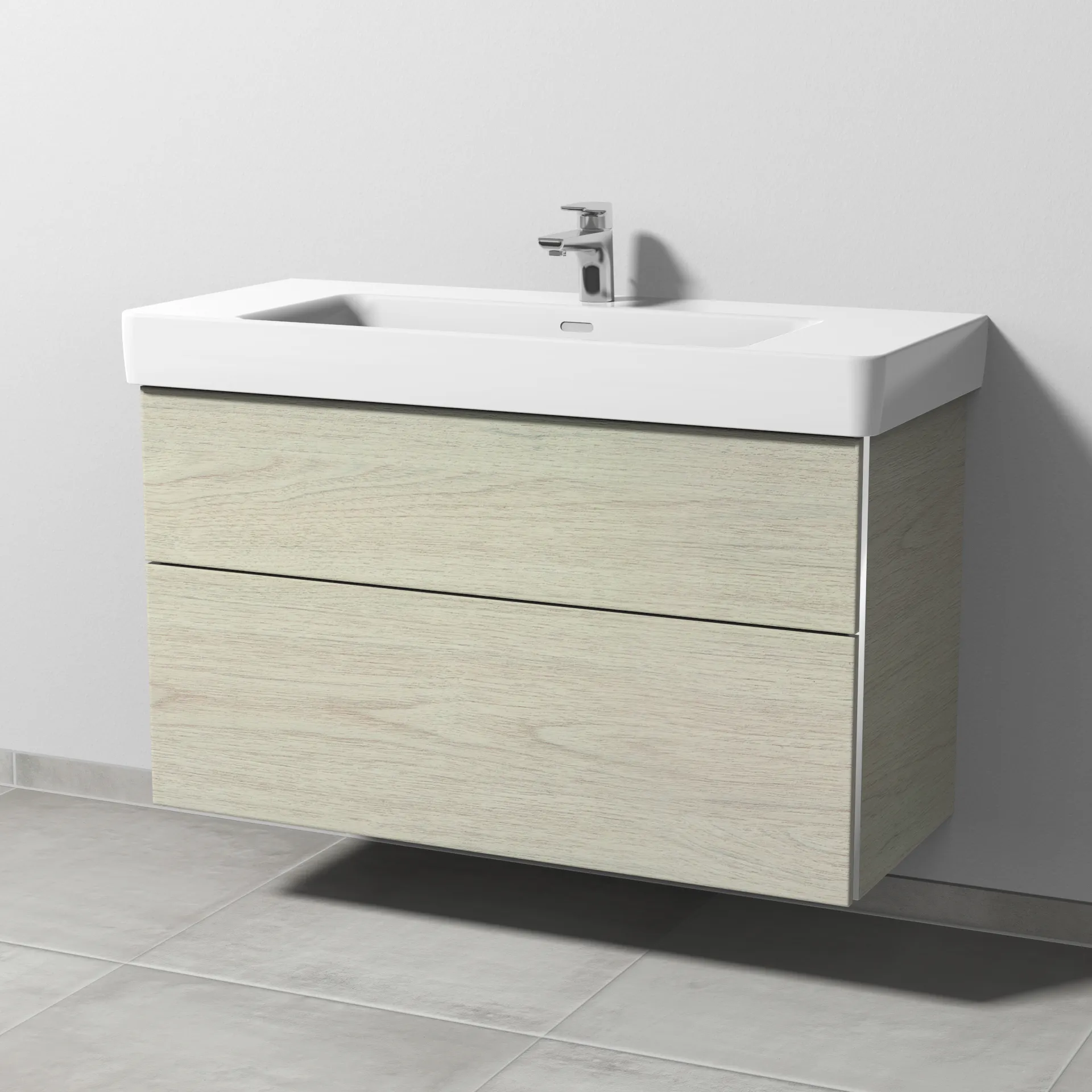 Sanipa Waschtischunterschrank „3way“ passend zu Keramik-Waschtische Pro S von Laufen 1000 × 593 × 437 mm in White Oak, Becken mittig