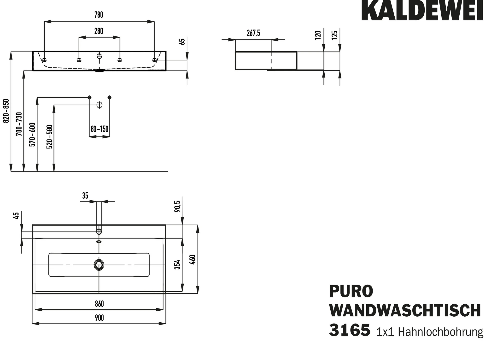 Kaldewei PURO Wandwaschtisch, Modell 3165, 900x460 mm, alpinweiß, Perl-Effekt, mit Überlauf