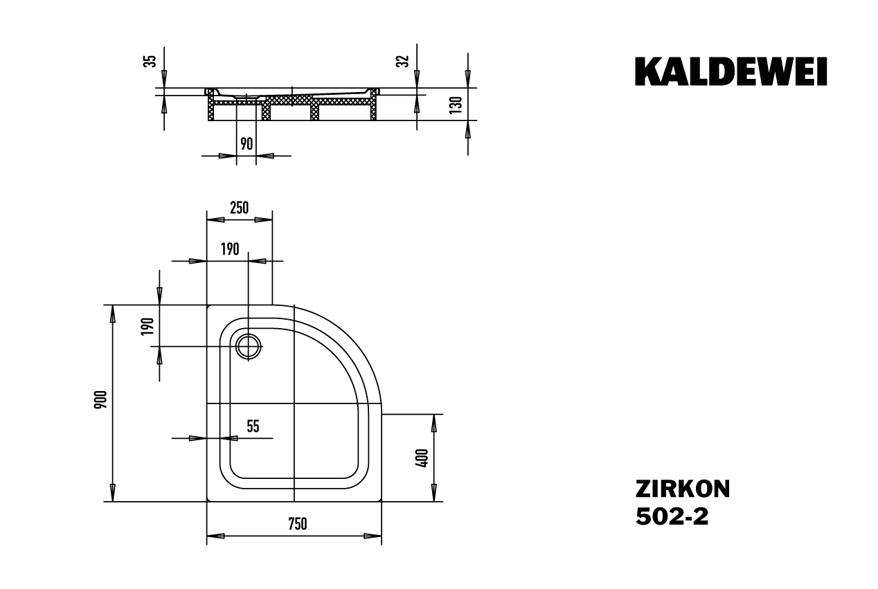 Kaldewei viertelkreis Duschwanne „Zirkon“ 75 × 90 cm in alpinweiß