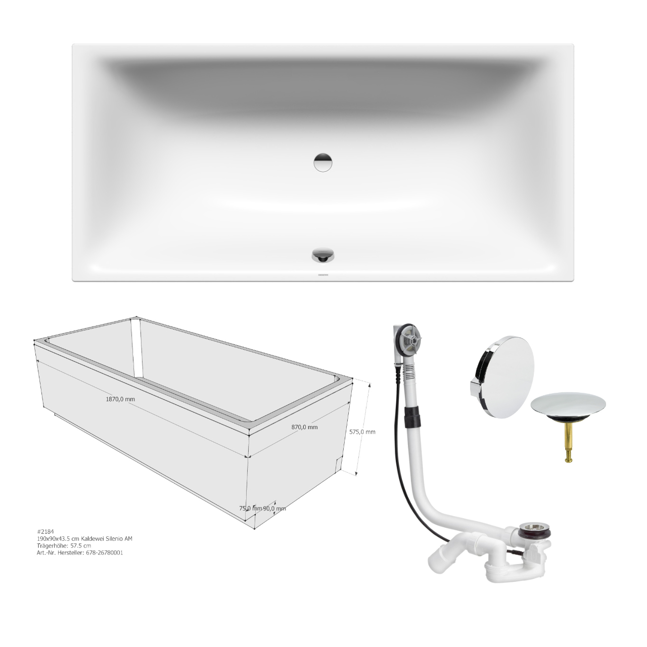 Set Badewanne Silenio 190 × 90 cm mit Träger und Viega-Ablauf, 