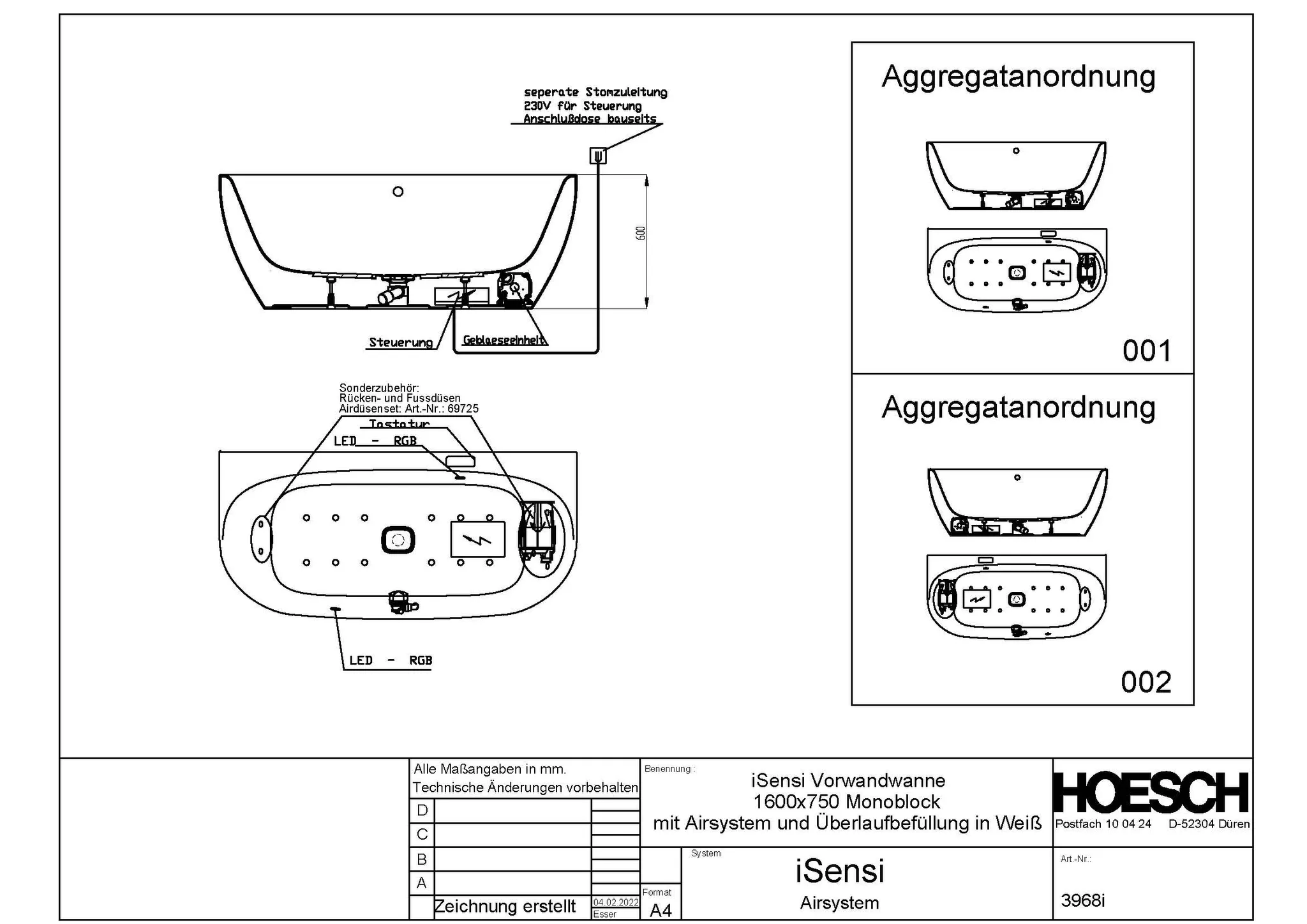 Hoesch WP iSensi Vorwand 1600x750 Monolith Whirlsystem