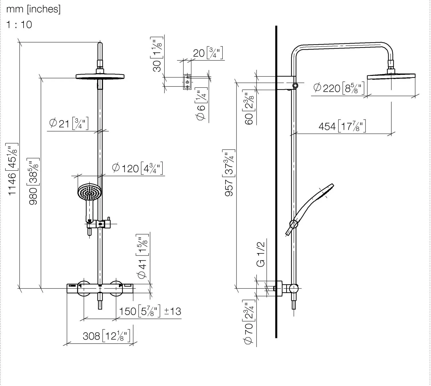 Dornbracht Showerpipe SERIENSPEZIFISCH mit Brause-Thermostat, 220 mm Gold gebürstet PVD, Höhe bis Regenbrause 980 mm Dornbracht Showerpipe SERIENSPEZIFISCH mit Brause-Thermostat, 220 mm Gold gebürstet PVD, Höhe bis Regenbrause 980 mm