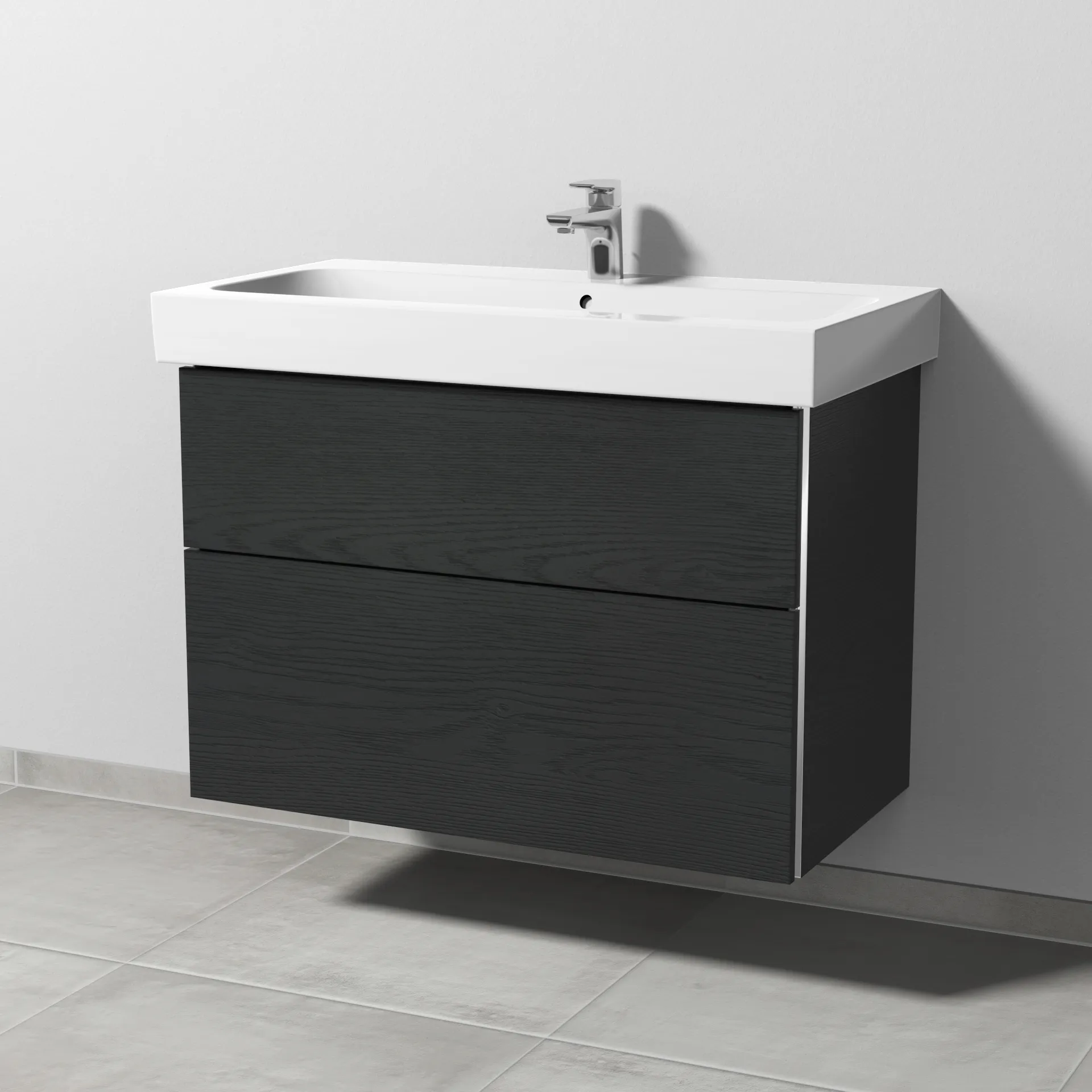 Sanipa Waschtischunterschrank „3way“ passend zu Keramik-Waschtische iCon von Geberit 850 × 593 × 462 mm in Black Oak, Becken mittig