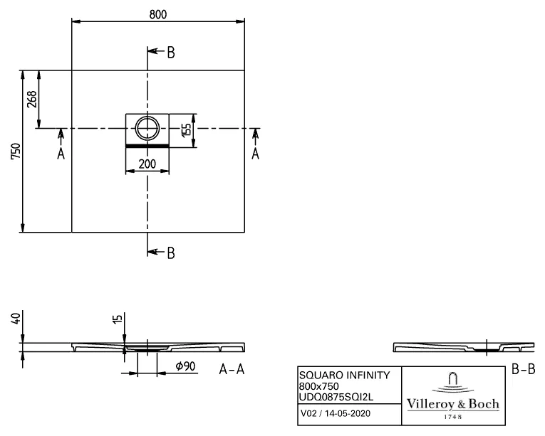 Villeroy & Boch rechteck Duschwanne „Squaro Infinity“ Eck-Einbau links gegen Wand 80 × 75 cm