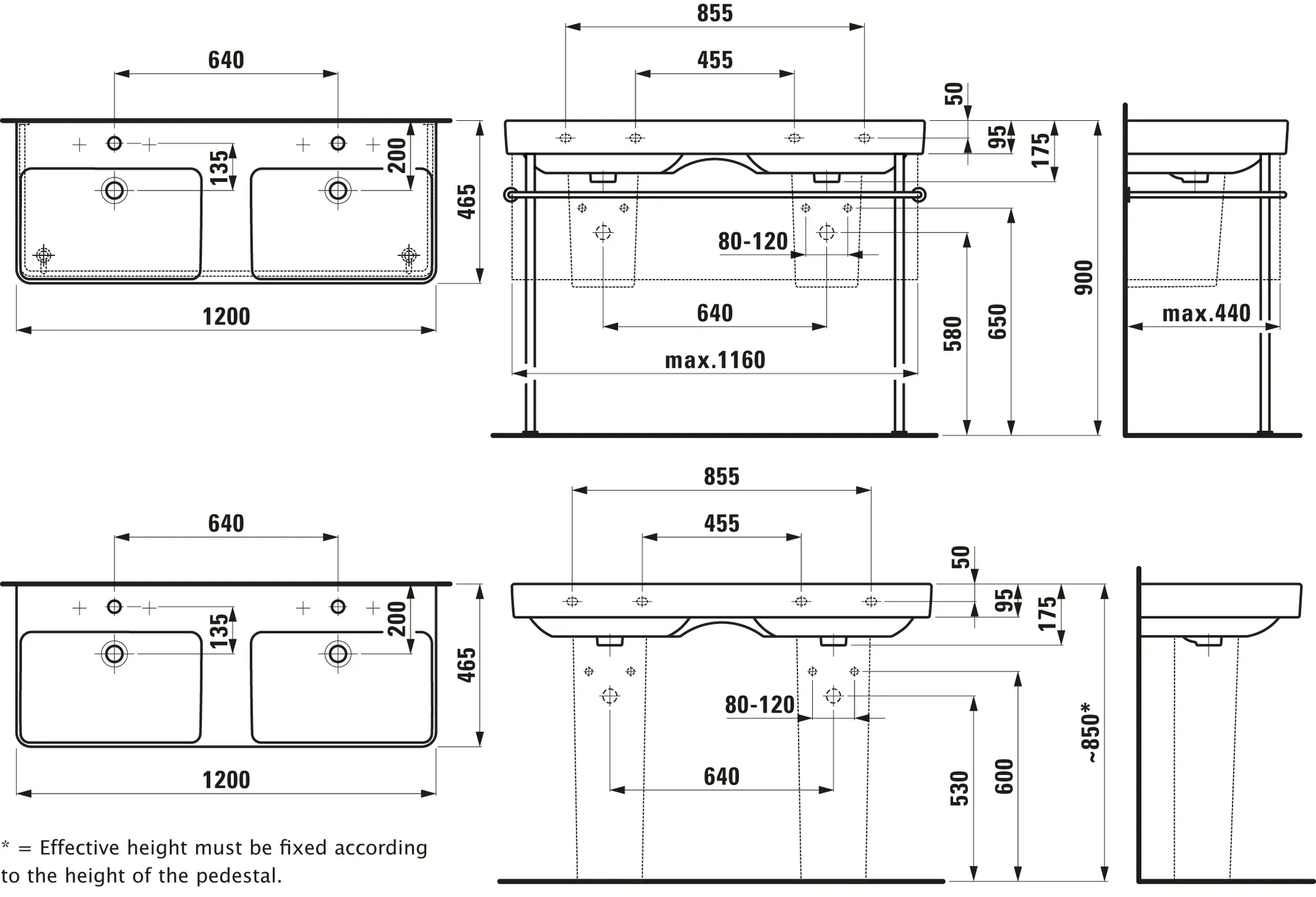 Doppelwaschtisch PRO S 465x1200x175 1 Hahnloch je Becken mit Überlauf weiß Doppelwaschtisch PRO S 465x1200x175 1 Hahnloch je Becken mit Überlauf weiß