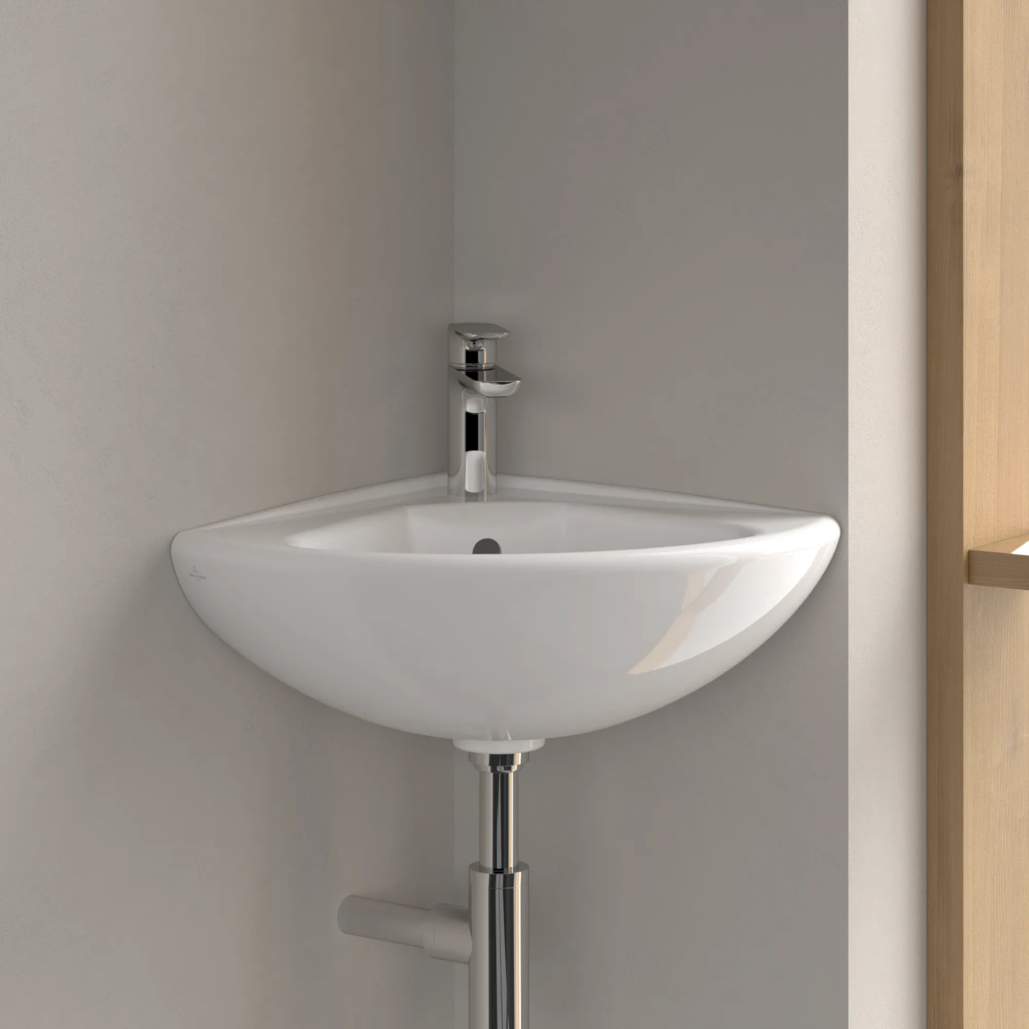 Villeroy & Boch Eck-Handwaschbecken „O.novo“ Compact 415 × 415 × 195 mm, mit Hahnlochbohrung, Hahnlochposition mittig