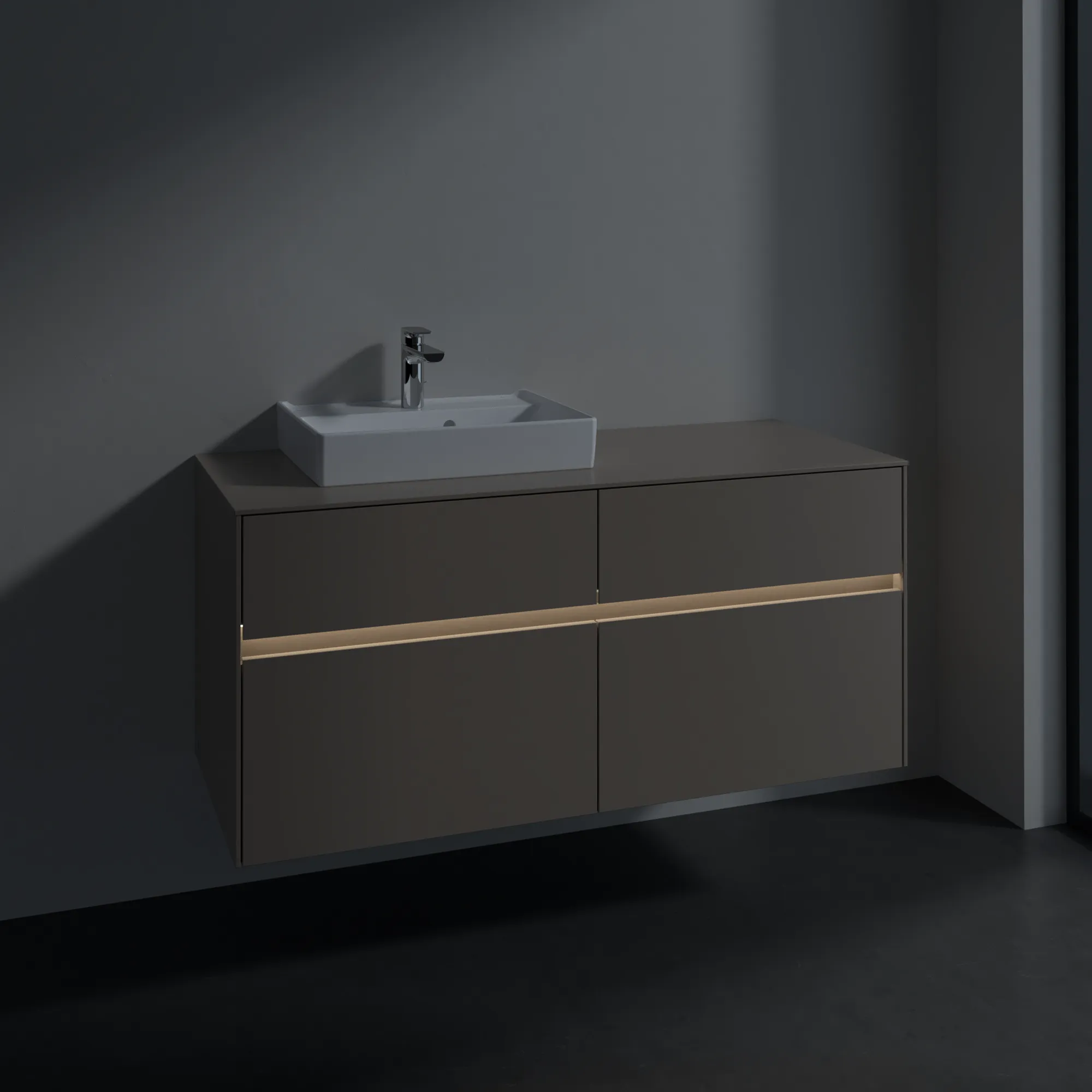 Villeroy & Boch Waschtischunterschrank „Collaro“ 1200 × 548 × 500 mm Taupe, mit Beleuchtung, für Becken links Villeroy & Boch Waschtischunterschrank „Collaro“ 1200 × 548 × 500 mm Taupe, mit Beleuchtung, für Becken links