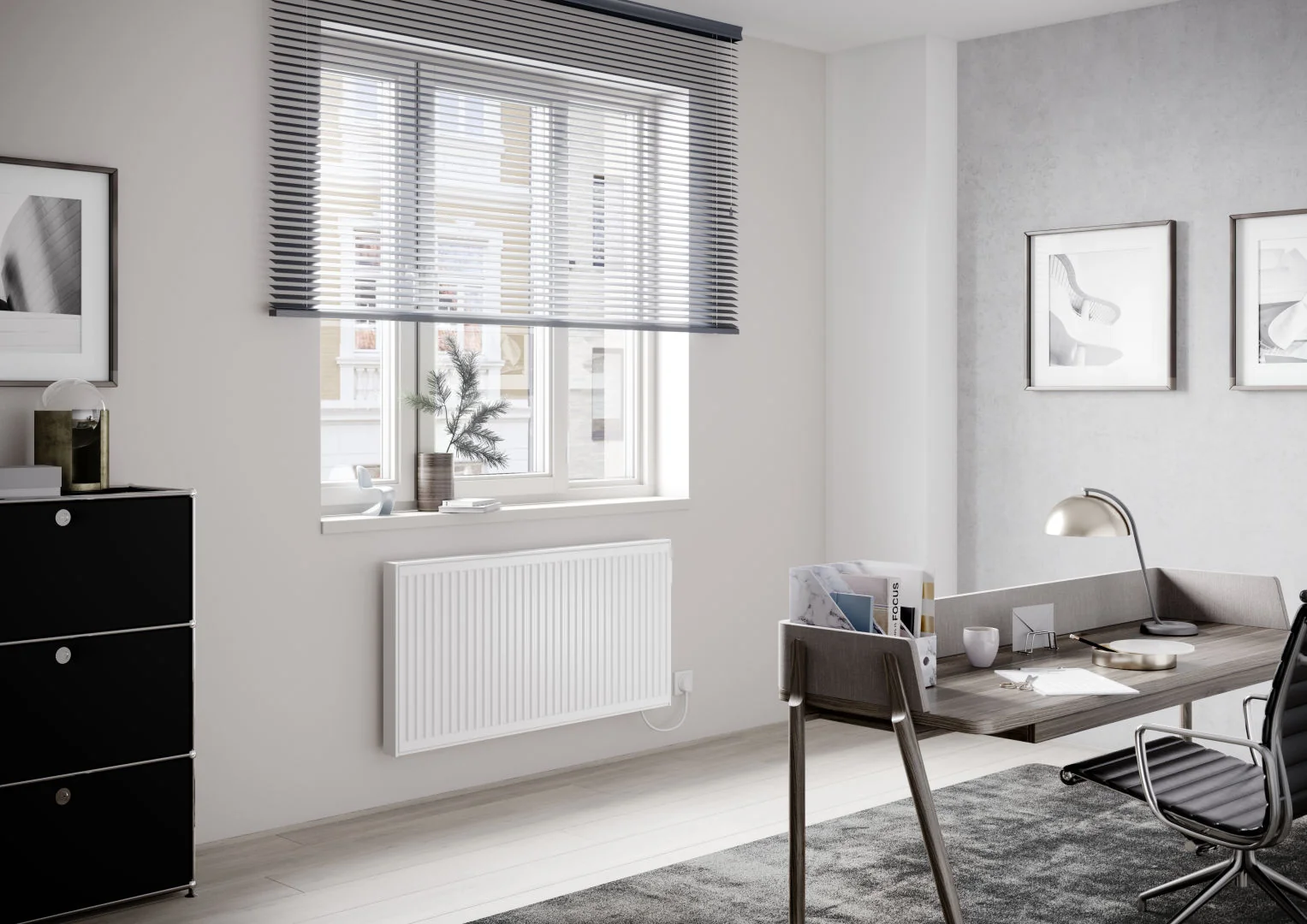 Flachheizkörper E-Panel Profil horizontal Typ 21, HxLxT: 600x1000x73 mm, Farbe: Weiß RAL 9016 seidenglanz, Ausführung: links, Reglertyp: programmierbarer Regler Elektroset: 1250 Watt, Schutzkl.: 2, Stecker: EU, Winkelkonsole lang