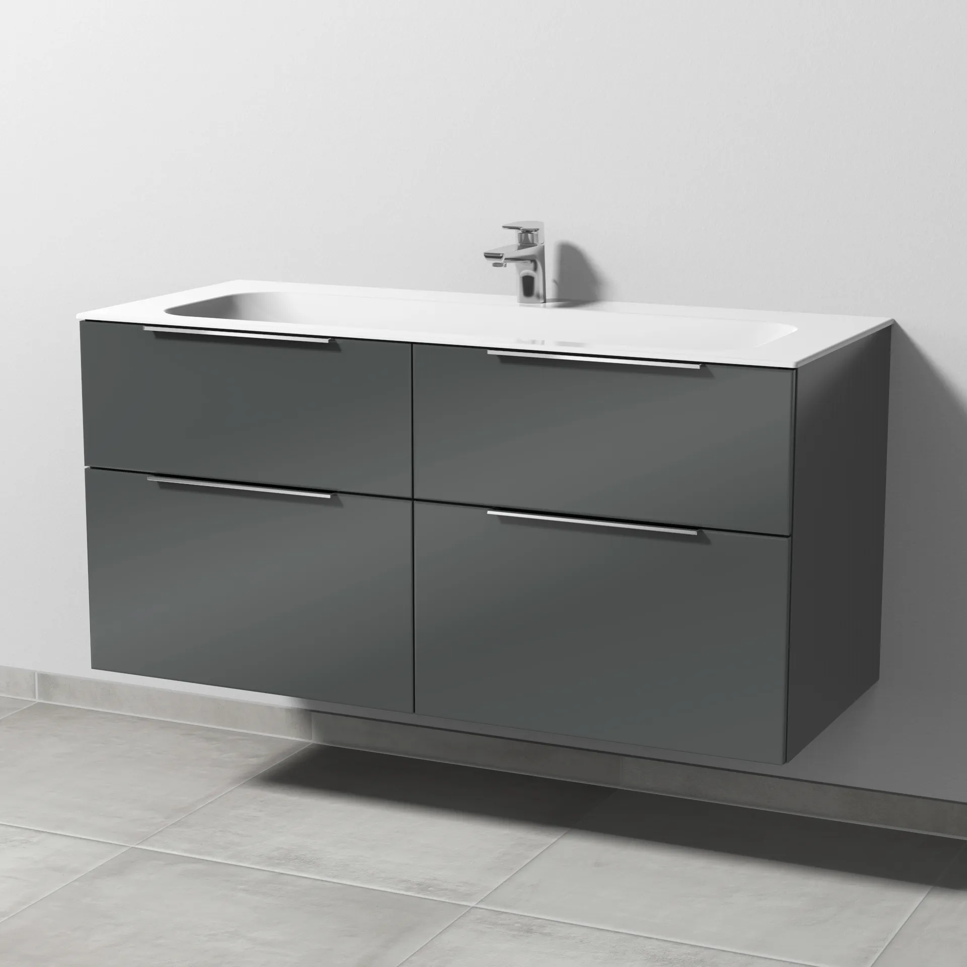 Keramik-Waschtisch-Set mit Waschtischunterschrank „3way“ 119 × 49,7 × 58,2 cm in Anthrazit (glanz), mit Hahnlochbohrung, Becken mittig