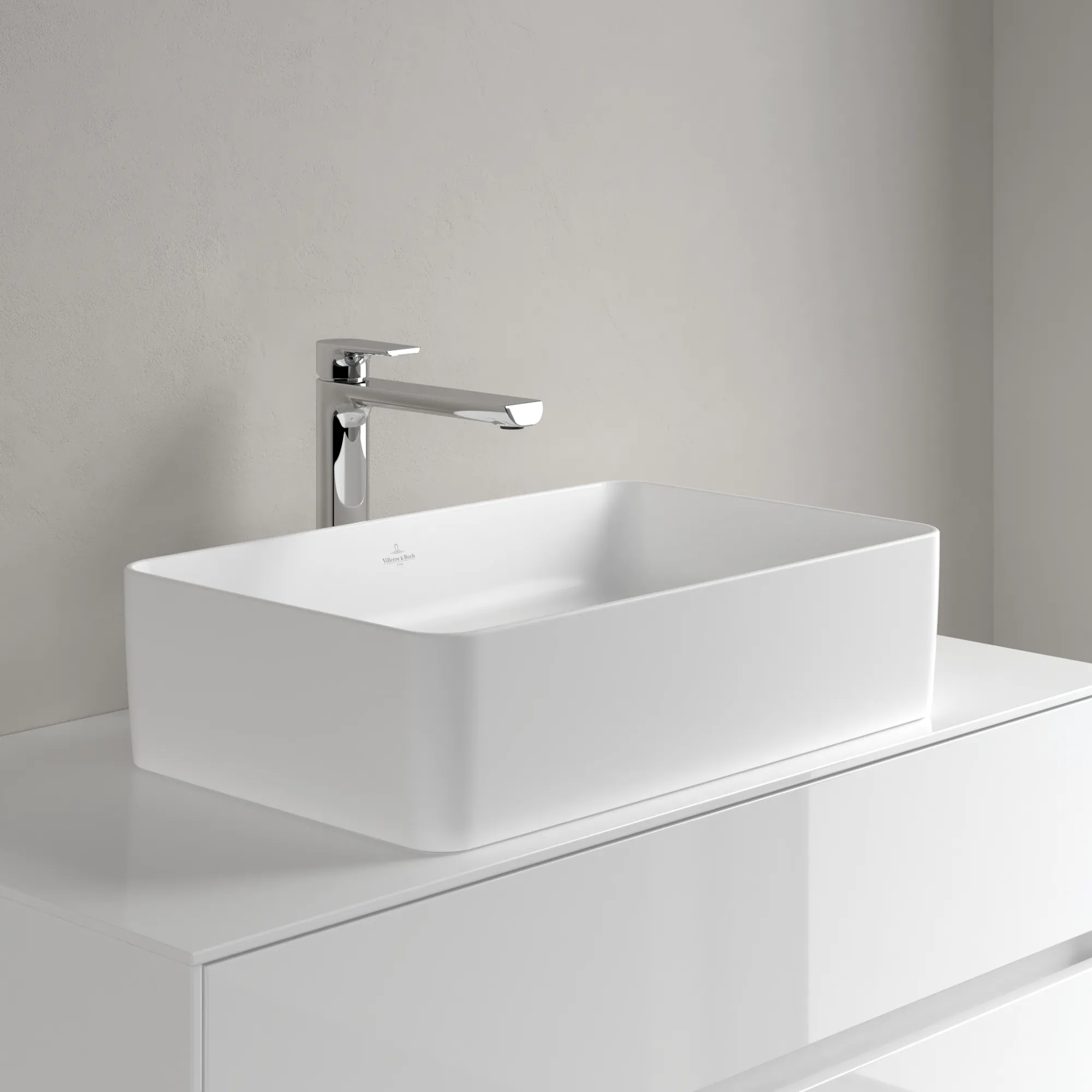 Villeroy & Boch Aufsatzwaschtisch rechteck aus TitanCeram „Collaro“ 560 × 360 × 145 mm, ohne Hahnlochbohrung in Stone White Villeroy & Boch Aufsatzwaschtisch rechteck aus TitanCeram „Collaro“ 560 × 360 × 145 mm, ohne Hahnlochbohrung in Stone White
