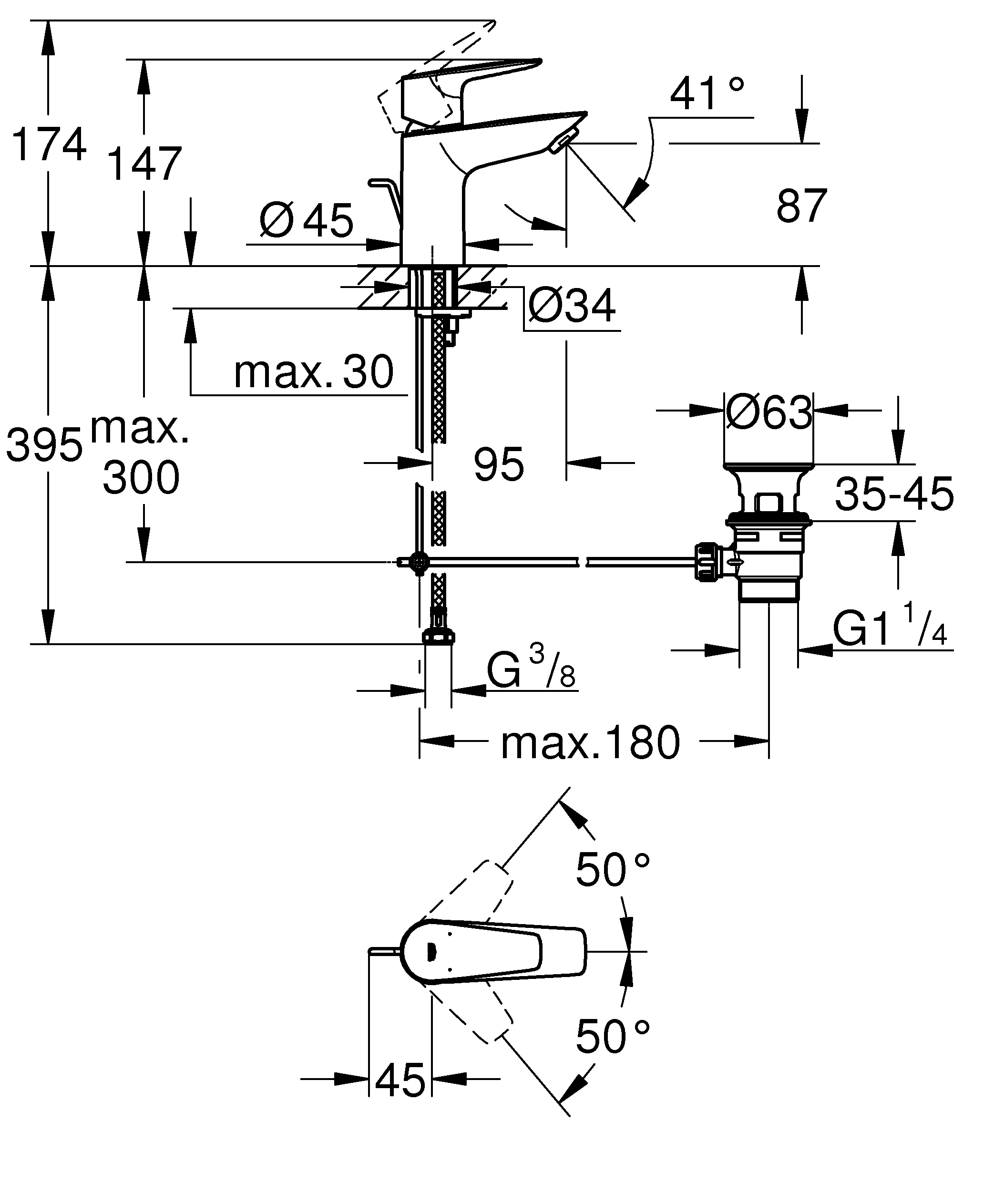 Einhand-Waschtischbatterie BauEdge 23894_1, S-Size, Einlochmontage, mit Temperaturbegrenzer, LowFlow 3,5 l/min Mousseur, Zugstangen-Ablaufgarnitur aus Kunststoff 1 1/4″, chrom