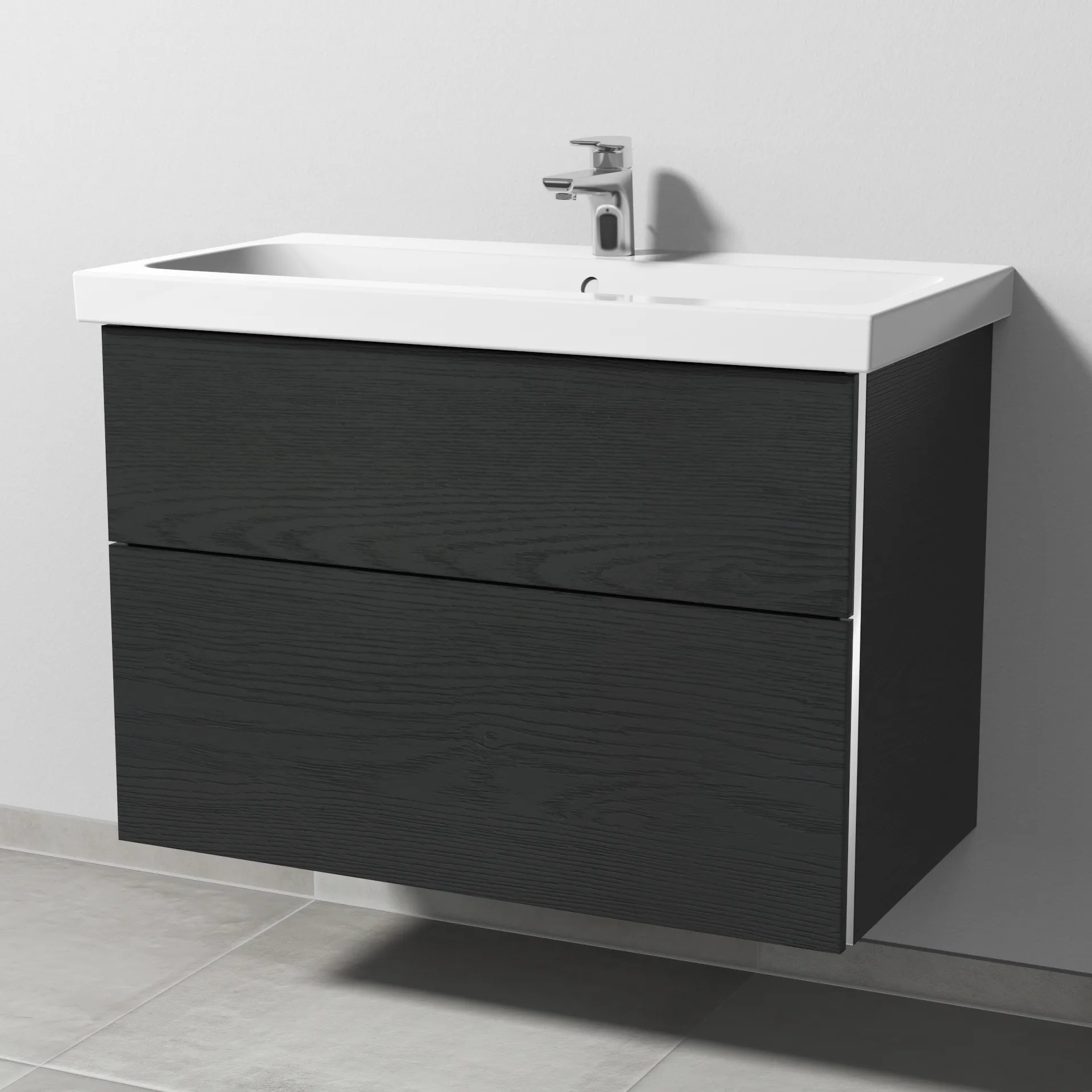 Sanipa Waschtischunterschrank „3way“ passend zu Keramik-Waschtische iCon Light von Geberit 850 × 591 × 462 mm in Black Oak, Becken mittig, mit