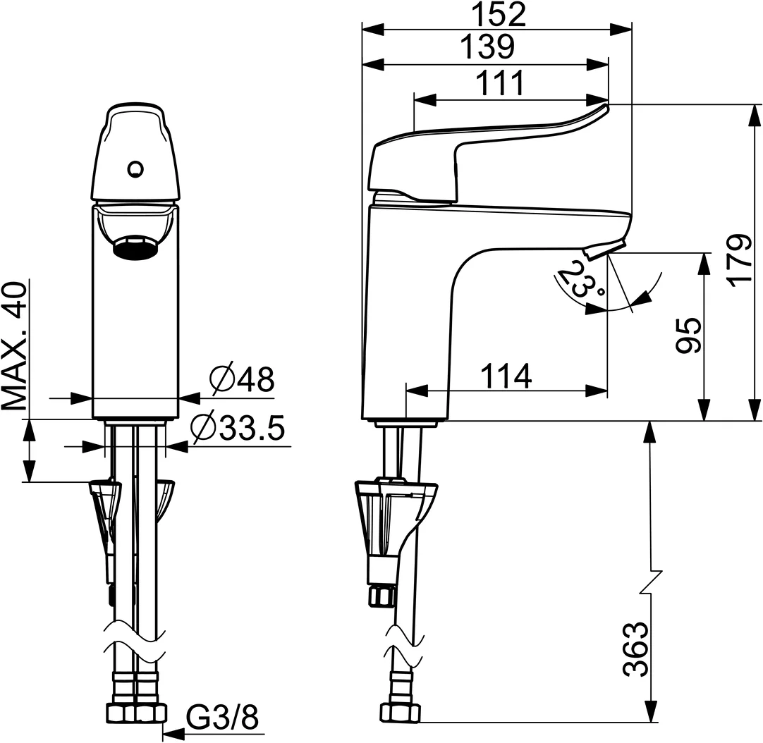 HansaCARE Einhebelmischer Waschtischbatterie HansaCARE 4602 Bedienungshebel lang Ausladung 114 mm DN15 Chrom