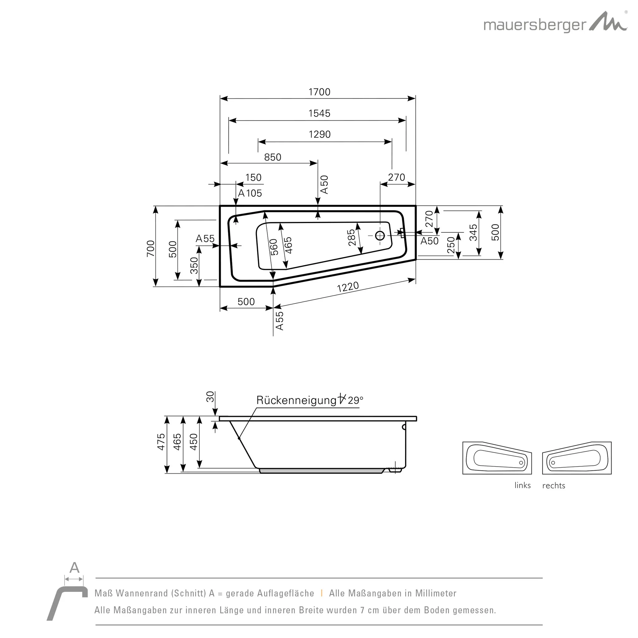 Mauersberger globosa Acryl-Badewanne Kompaktform globosa 170/70 rechts, 1700x700x475, Farbgruppe: 2