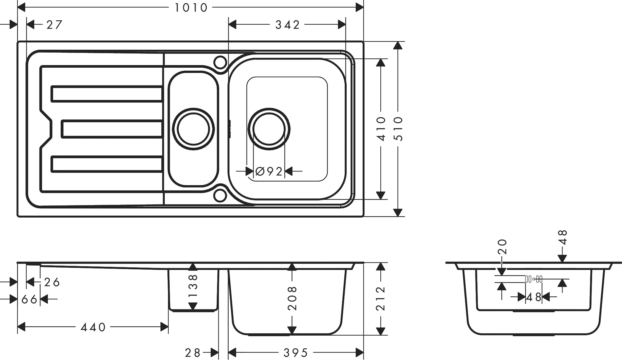 Hansgrohe Einbauspüle S44 Serie 43370XXX Edelstahl 990 x 490 mm mit Abtropffläche und automatischer Ablaufgarnitur