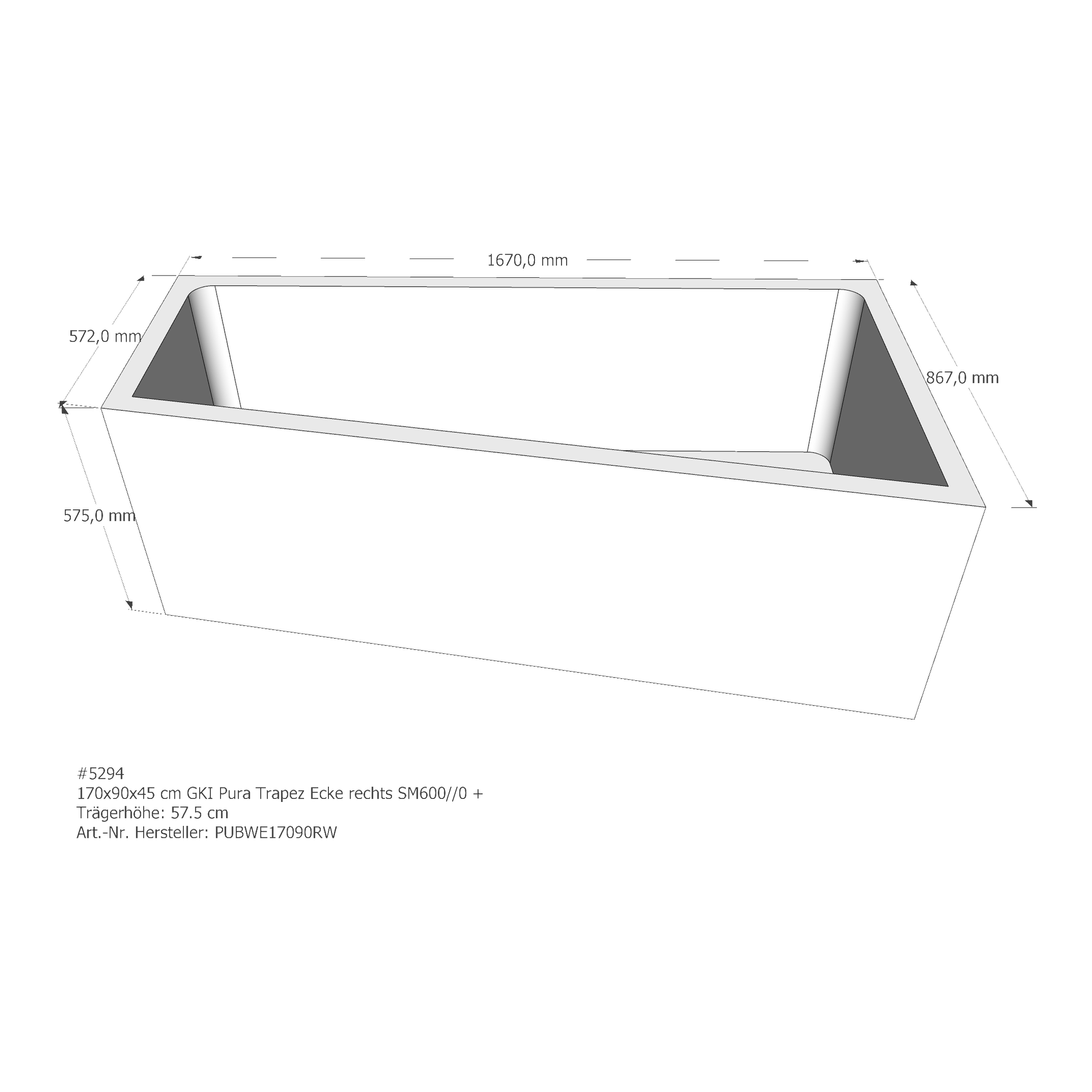 Duschwannenträger für GKI Pura Ecke rechts 170 × 90 × 45 cm