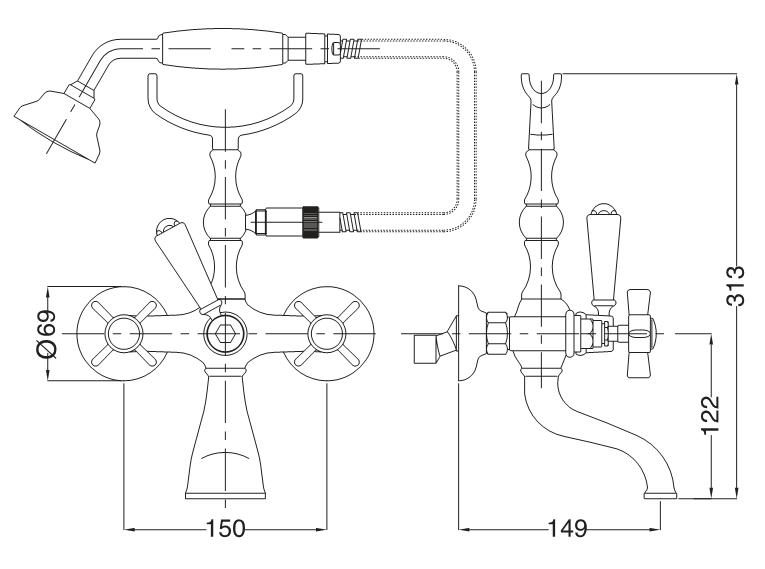 Wannenfüll- und Brausebatterie AqvaRetro II - S-Anschlüsse und Rosetten - Umstellung - keramische Innenoberteile 90° - inkl. Brausegarnitur - chrom