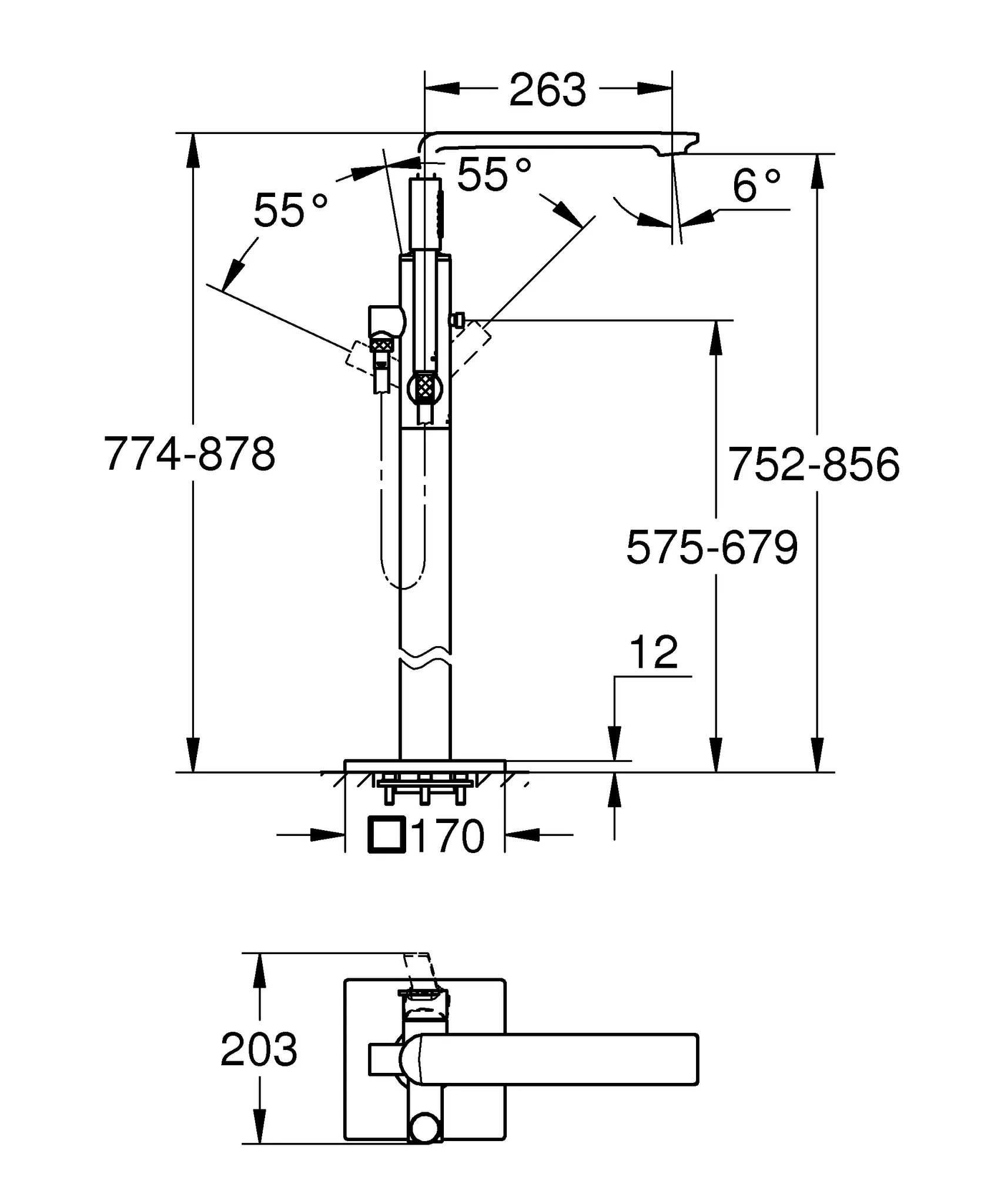 Einhand-Wannenbatterie Allure 25222_1, Bodenmontage, Fertigmontageset für 45 984, Ausladung 263 mm, eigensicher, chrom