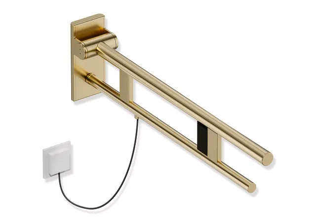 Stützklappgriff Duo, Design A des Systems 900, Edelstahl, PVD, Ausladung 750 mm, mit Spül-/Funktionstasten (E-Ausführung), Ausführung rechts, in Farbe CK (messing glänzend) Stützklappgriff Duo, Design A des Systems 900, Edelstahl, PVD, Ausladung 750 mm, mit Spül-/Funktionstasten (E-Ausführung), Ausführung rechts, in Farbe CK (messing glänzend)