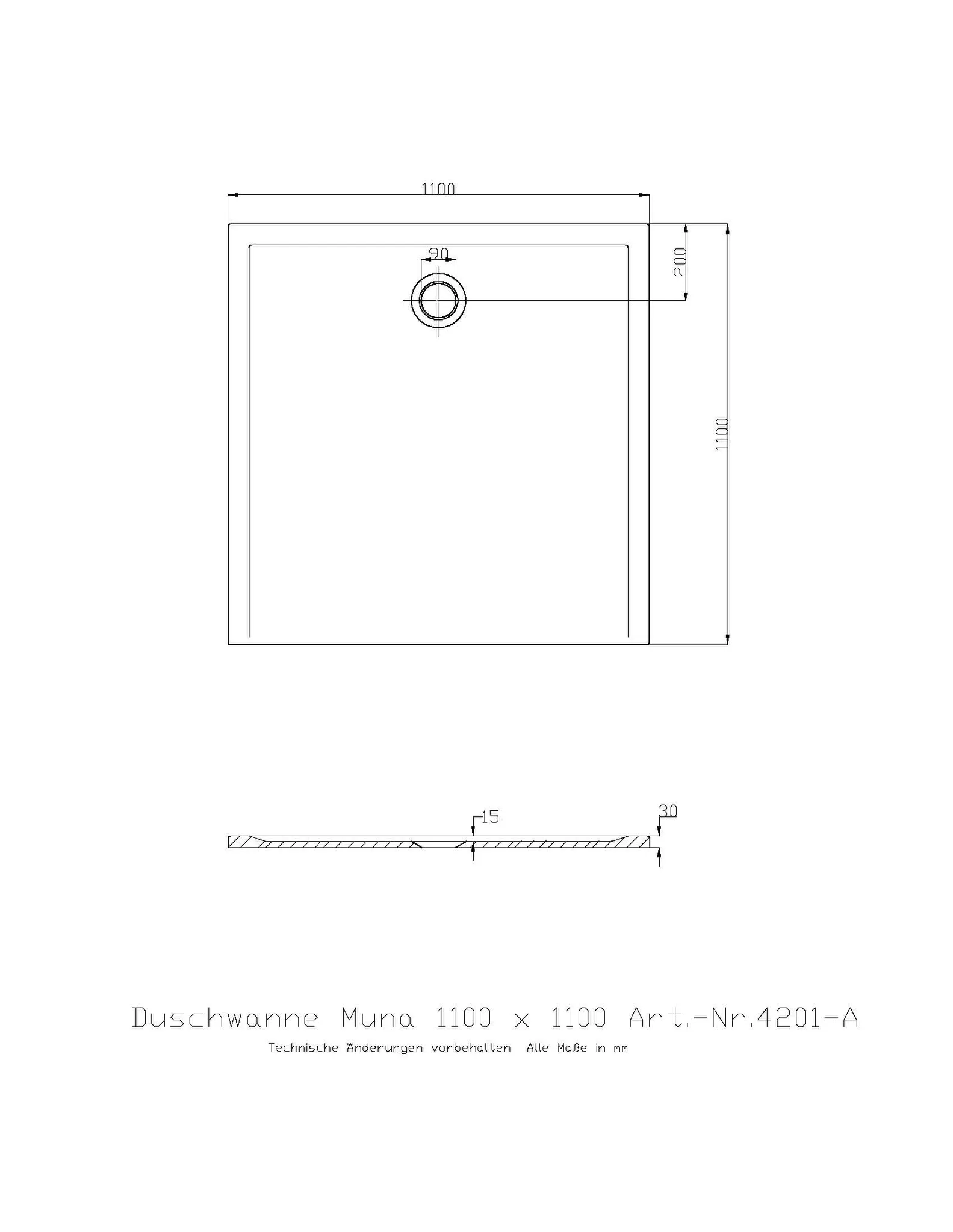 Duschwanne „Muna S“ Quadrat 110 × 110 cm in Schiefergrau