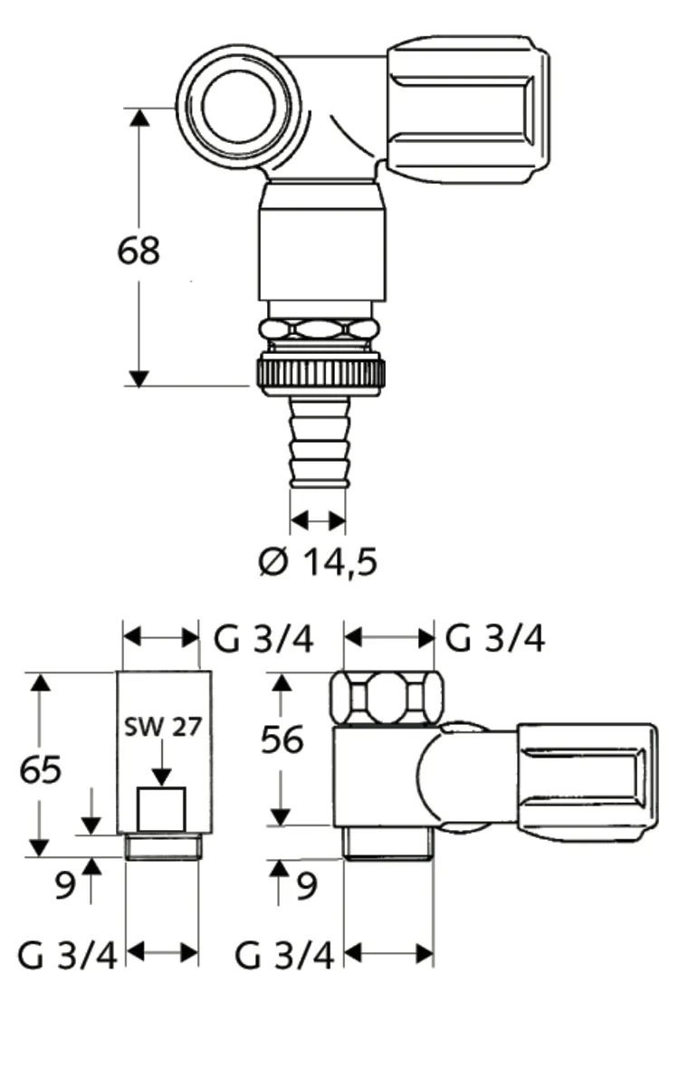 NA-Ventil COMFORT, RFV im Abgang Geräteanschluss, RB im Abgang Geräteanschluss, DN 20 G 3/4 AG (rechts), Schlauchverschraubung Ø 14,5 mm (DN 20 G 3/4 AG), DN 20 G 3/4 IG, chrom