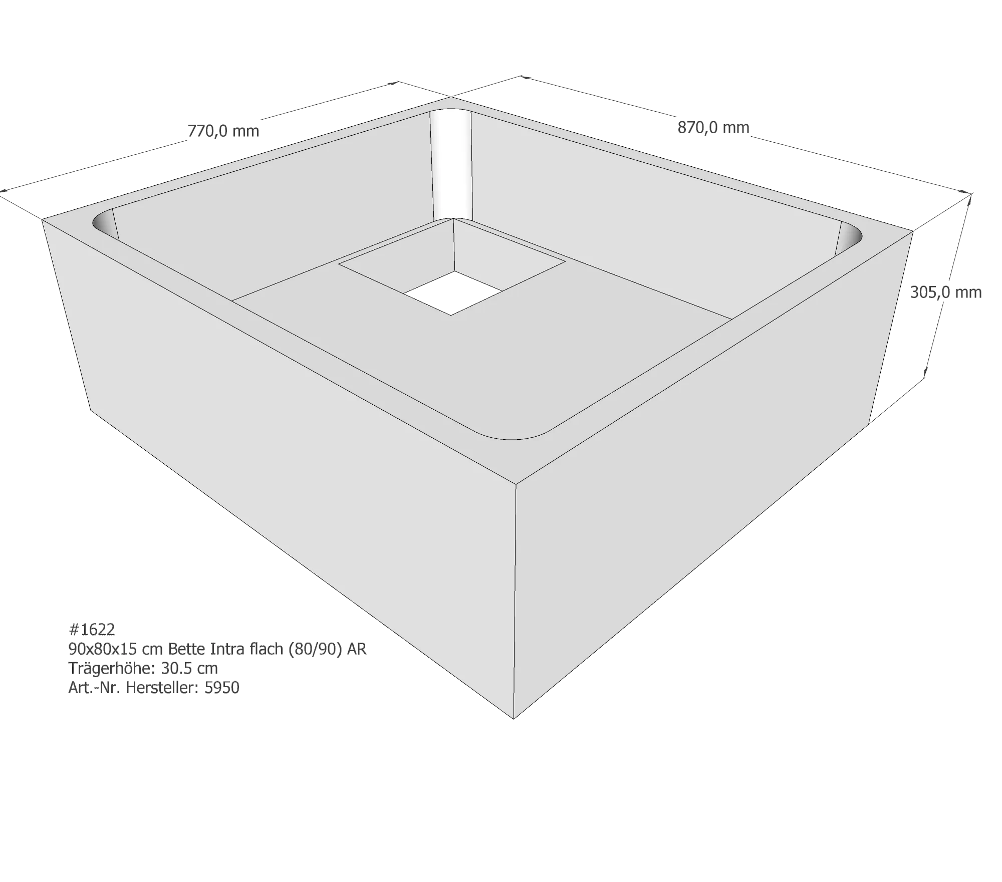 Duschwannenträger für Bette Quinta (flach/Intra) 90 × 80 × 15 cm Breite: 80 cm / Länge: 90 cm