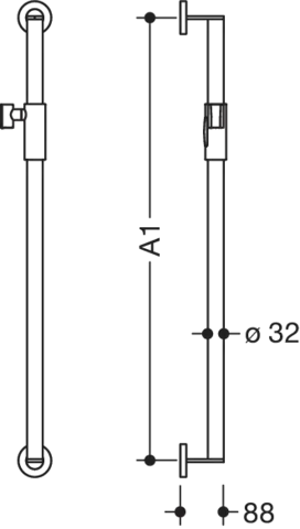 Brausehalterstange, Sonderlänge, Edelstahl, schliff, Achsmaß auf Maß von 600 bis 1250 mm, D: 32 mm, mit magnetischem Brausehalter Brausehalterstange, Sonderlänge, Edelstahl, schliff, Achsmaß auf Maß von 600 bis 1250 mm, D: 32 mm, mit magnetischem Brausehalter