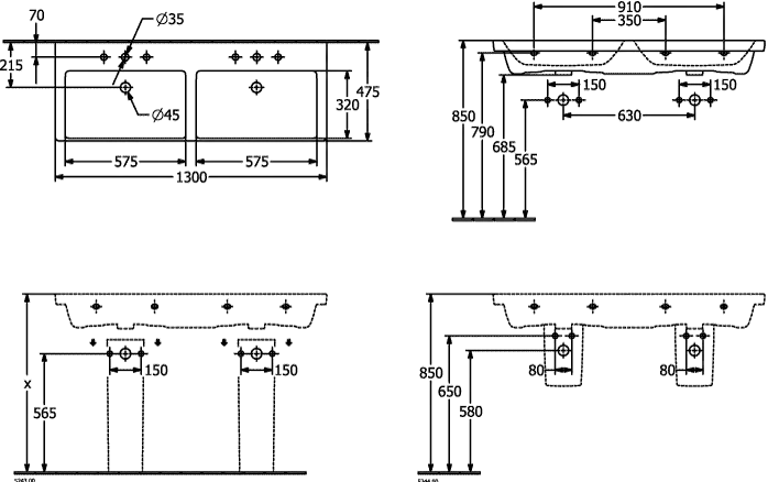 Doppelwaschtisch aus TitanCeram „Subway 3.0“ 130 × 47,5 × 16,5 × 16,5 cm, mit Hahnlochbohrung, Hahnlochposition links und rechts