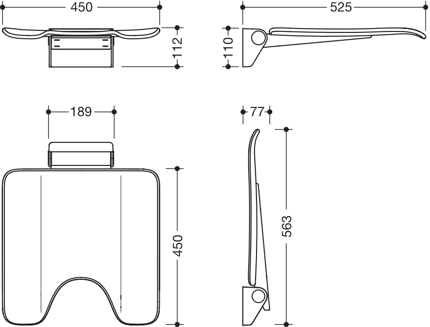 Klappsitz des Systems 900, Wandkonsole aus Edelstahl, PVD, Sitzfläche mit Hygieneausschnitt aus strukturiertem Kunststoff, schwarz, Sitzfläche 450 mm breit, 450 mm tief, in Farbe CK (messing glänzend)