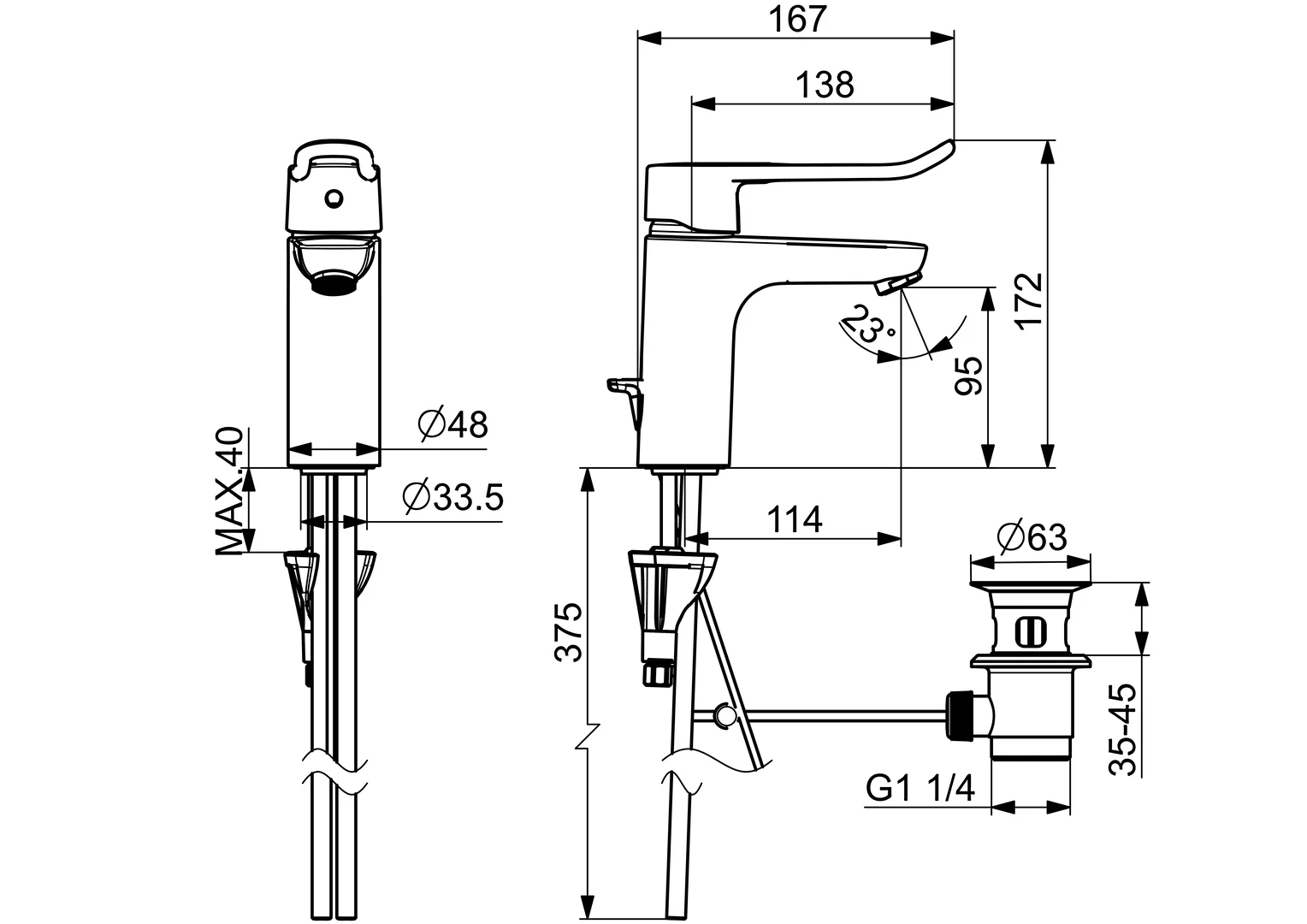 HansaCLINICA Einhebelmischer Waschtischbatterie HansaCLINICA 4501 Kupferrohr Zugstangenablaufgarnitur Bügelhebel Ausladung114 Chrom