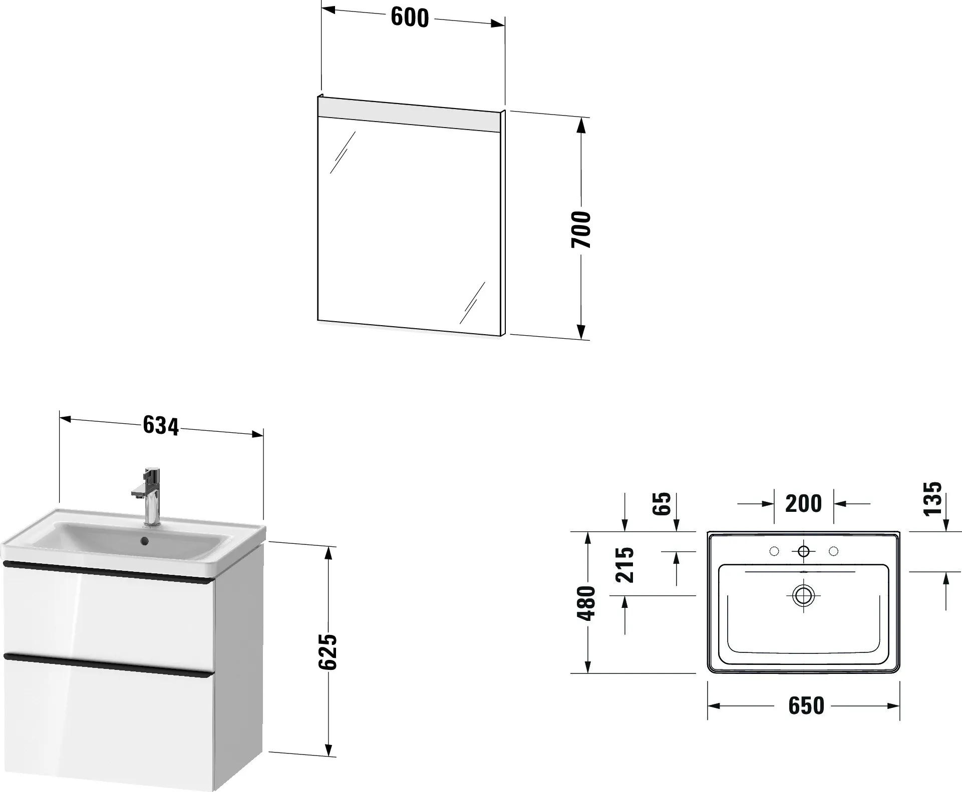 Duravit Waschtischunterschrank Möbelwaschtisch mit Waschtischunterbau und Spiegel „D-Neo“ 65 × 200 × 48 cm