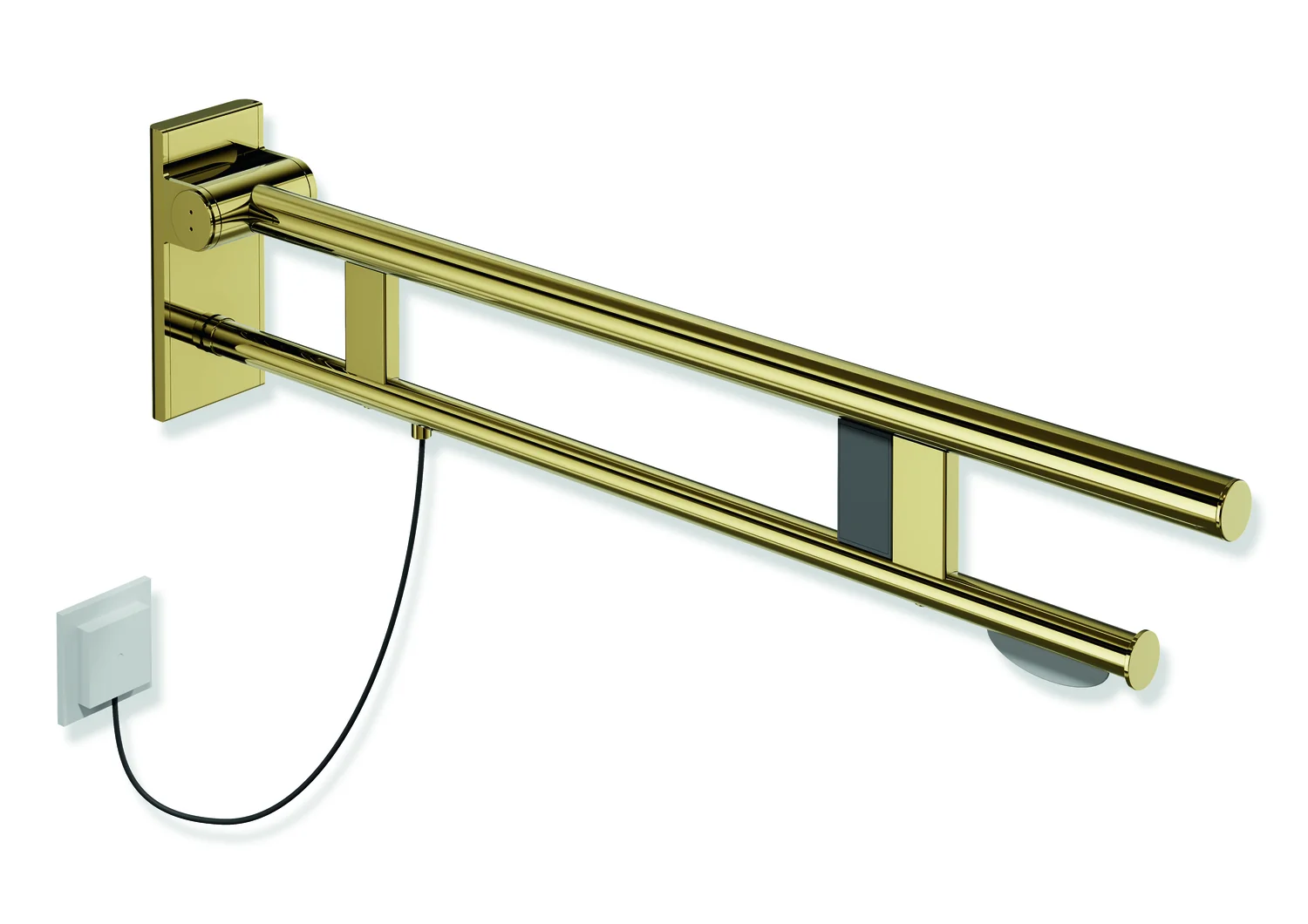HEWI Stützklappgriff Duo System 900, Design A, Edelstahl PVD gold glänzend, Ausladung 850 mm, mit WC-Papierhalter und Spül-/Funktionstasten (E-Ausführung), rechts