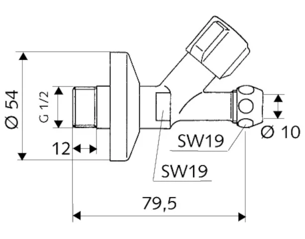 Schrägsitzventil COMFORT, COMFORT-Griff, Schubrosette Ø 54 mm, DN 15 G 1/2 AG, Ø 10 mm (DN 10 G 3/8 AG), chrom Schrägsitzventil COMFORT, COMFORT-Griff, Schubrosette Ø 54 mm, DN 15 G 1/2 AG, Ø 10 mm (DN 10 G 3/8 AG), chrom