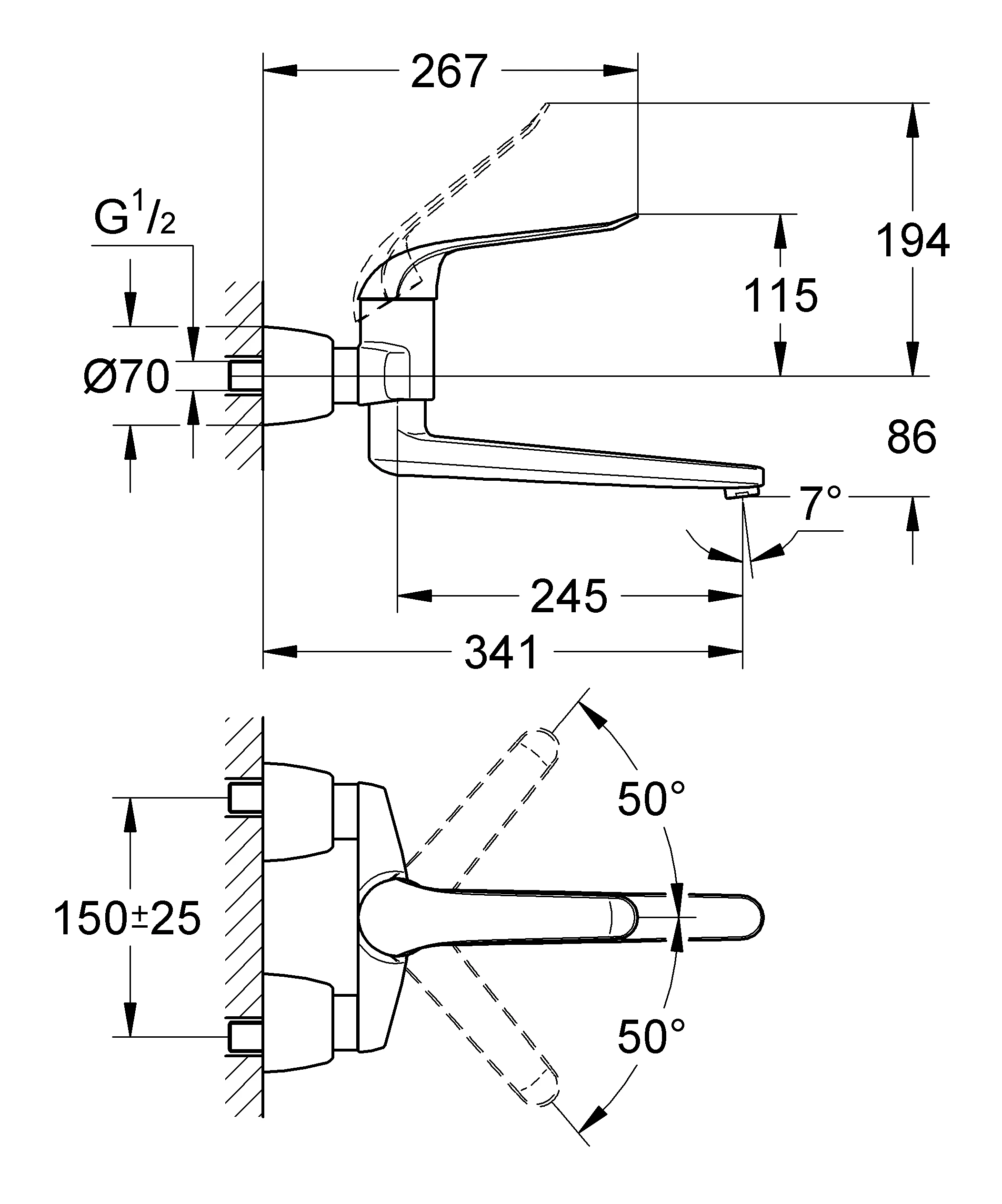 Einhand-Waschtischbatterie Euroeco Special 32775, Wandmontage, Ausladung 342 mm, 46 mm Keramikkartusche, Hebellänge 170 mm, chrom