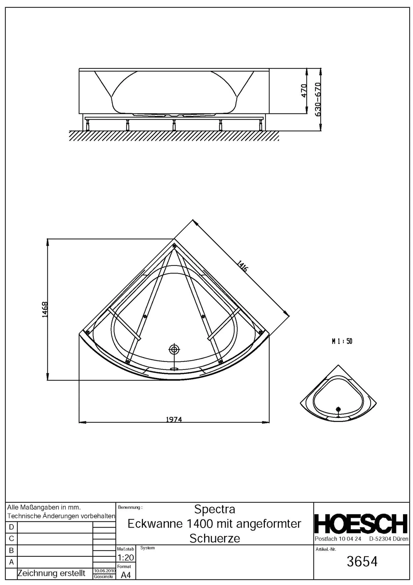 Hoesch Badewanne „Spectra“ eck 141,6 × 141,6 cm, mit Schürze