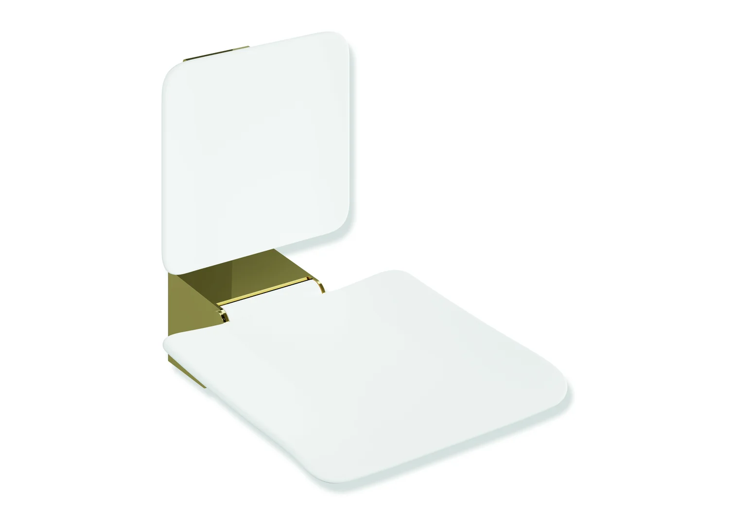 HEWI Klappsitz System 900, 450x650 mm, Gold glänzend, Wandkonsole aus Edelstahl PVD, Sitzfläche 450x450 mm, Rückenlehne weiss strukturiert