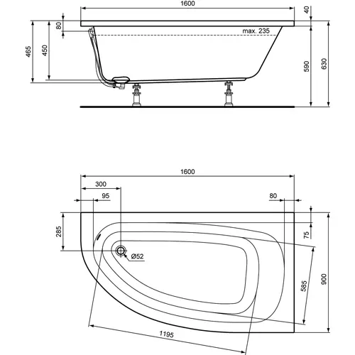 Badundu Badewanne Raumsparwanne rechteck 1600 × 900 mm, Fußablauf Badundu Badewanne Raumsparwanne rechteck 1600 × 900 mm, Fußablauf