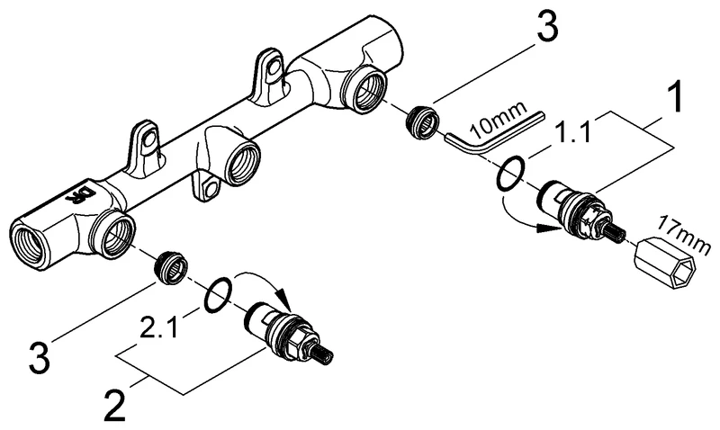 Zweihand-Unterputz-Universal-Einbaukörper 32706, DN 15, für 3-Loch-Waschtischbatterien, Einbautiefe 30 - 75 mm
