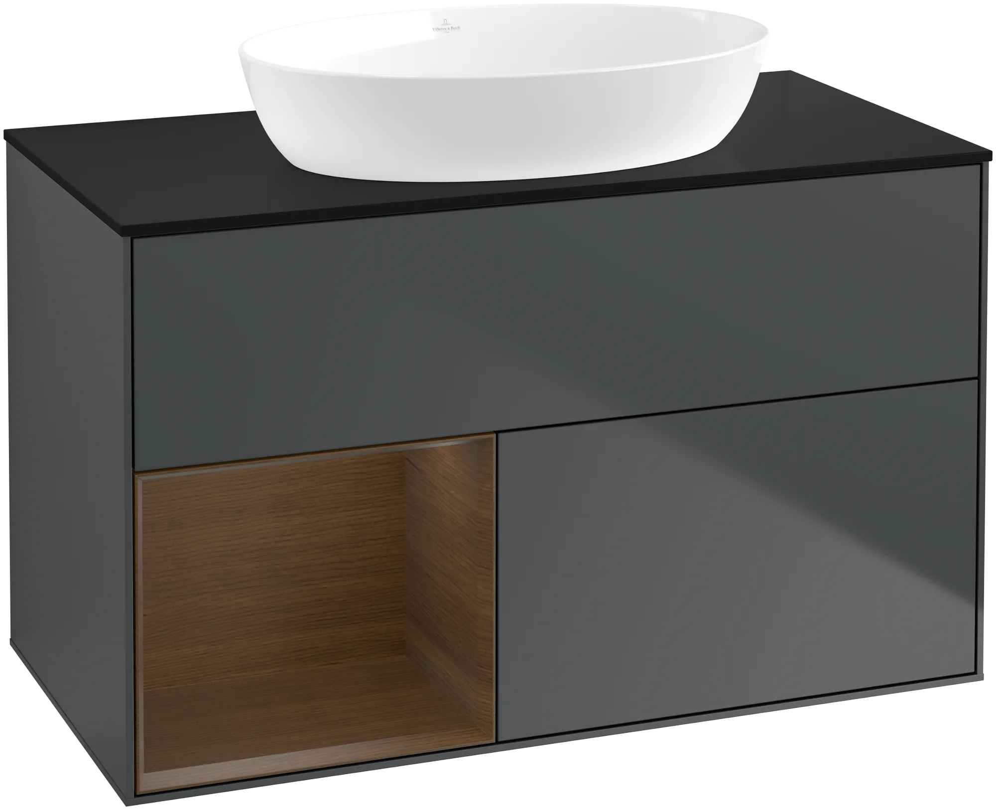 Villeroy & Boch Finion Waschbeckenunterschrank FA1, 1000 x 603 x 501 mm, Midnight Blue Matt Lacquer / Walnut Veneer / Glass Black Matt