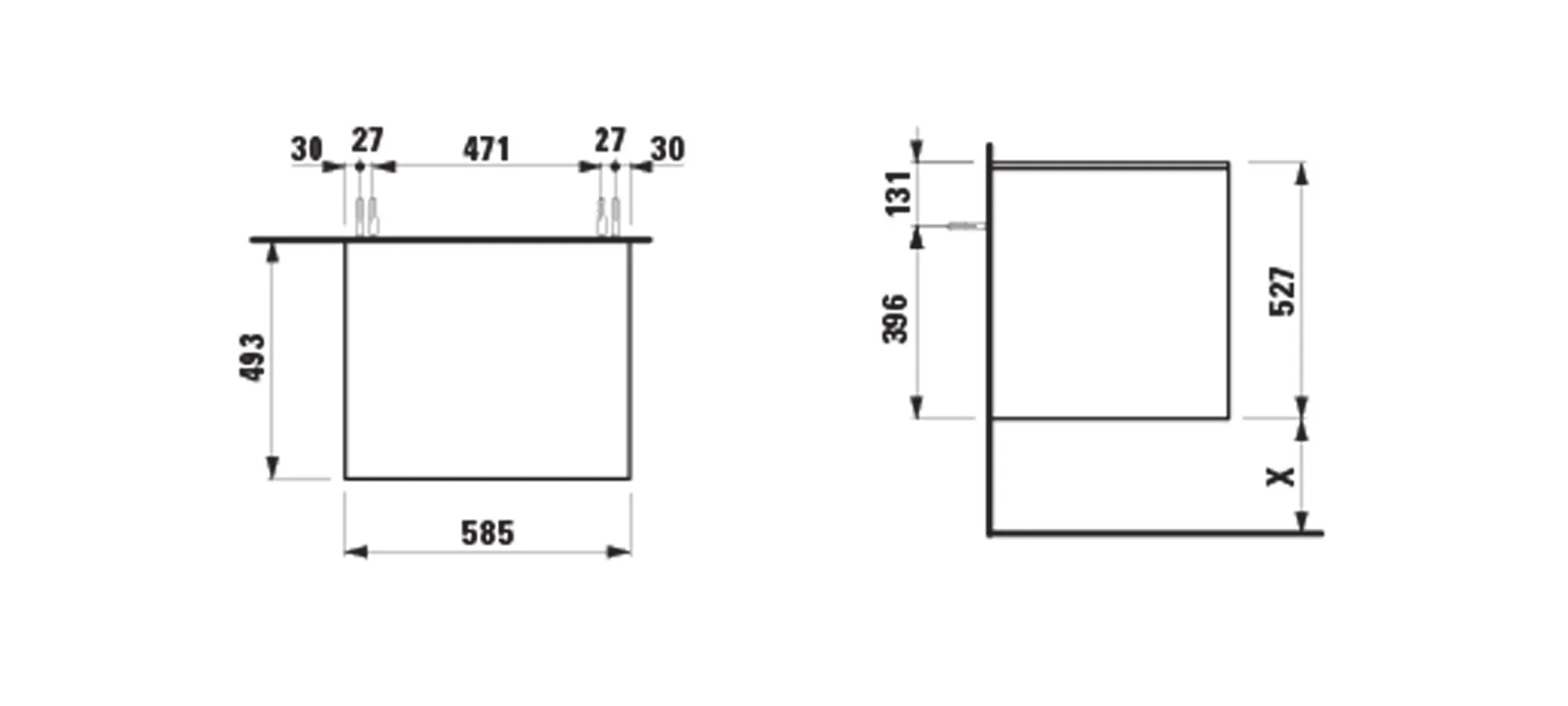 Waschtischunterbau+Waschtischplatte (Schubladenelement) LANI 493x585x527 ohne Ausschnitt Abdeckplatte 12 mm, mit 2 Schubladen integrierter Griffleiste Vollauszug und Soft-Close weiß matt