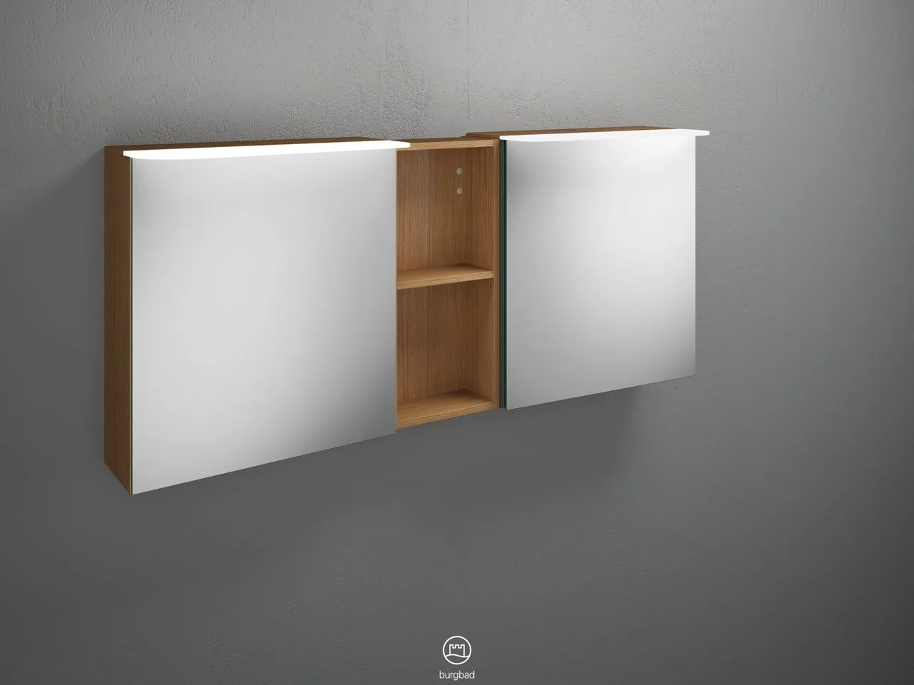 Badu Spiegelschrank SFTY150 von burgbad – 310 mm tief, 1.500 mm breit, 665 mm hoch, beidseitig verspiegelt mit LED-Aufsatzleuchten und Regal Badu Spiegelschrank SFTY150 von burgbad – 310 mm tief, 1.500 mm breit, 665 mm hoch, beidseitig verspiegelt mit LED-Aufsatzleuchten und Regal