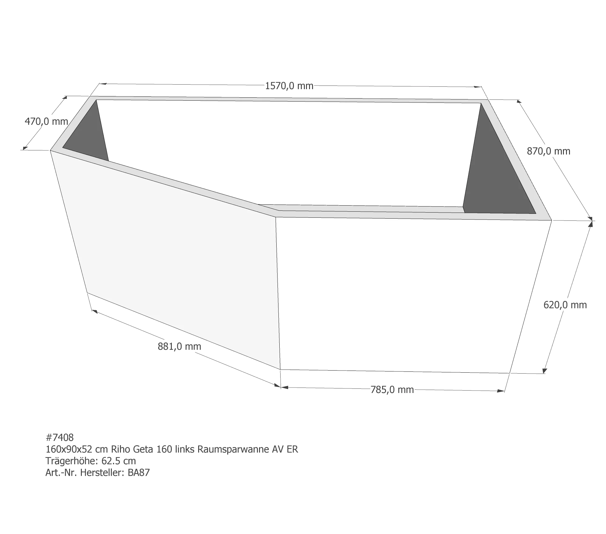 Badewannenträger passend für Riho Geta links 160 × 90 × 52 cm