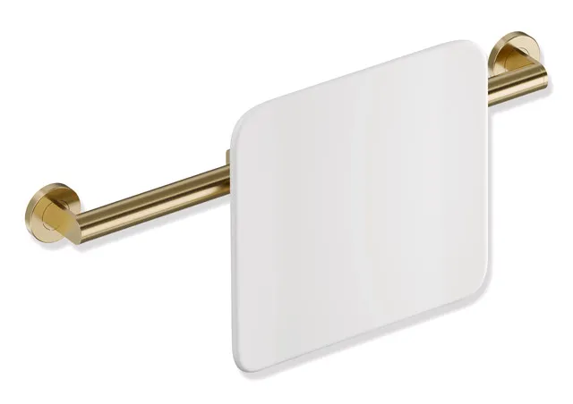 Rückenstütze des Systems 900, Anbindung aus Edelstahl, PVD, Lehne aus Kunststoff, weiß, Achsmaß von 582 bis 682 mm bauseits verstellbar, T: 150 mm, zur Wandmontage, in Farbe CK (messing glänzend)